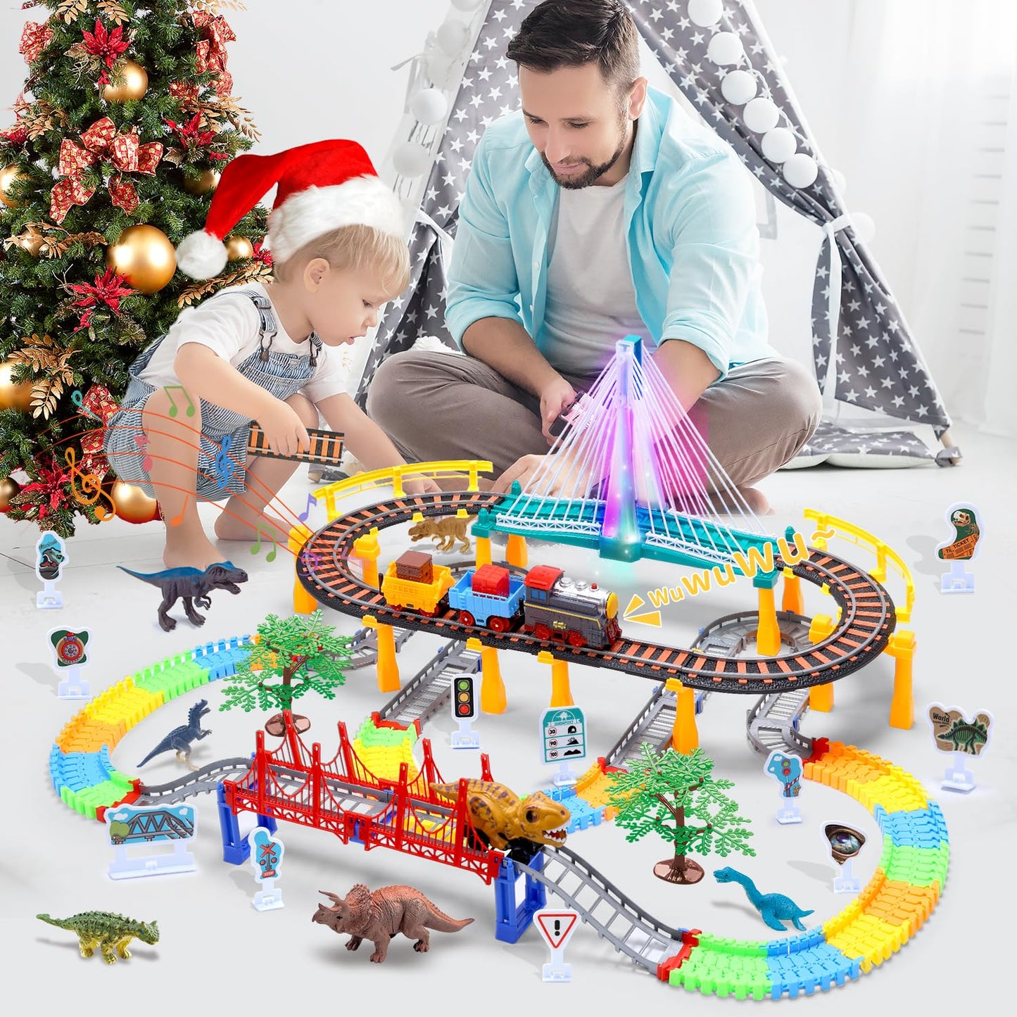 HOLYFUN Toddler Train Set Toy – Electric Train Track & Dinosaur Playset for 3–8 Year Olds