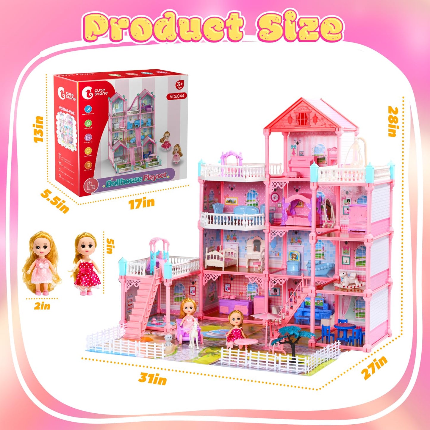 HOLYFUN Huge Dollhouse for Girls – 3-Story, 11 Rooms, Fully Furnished