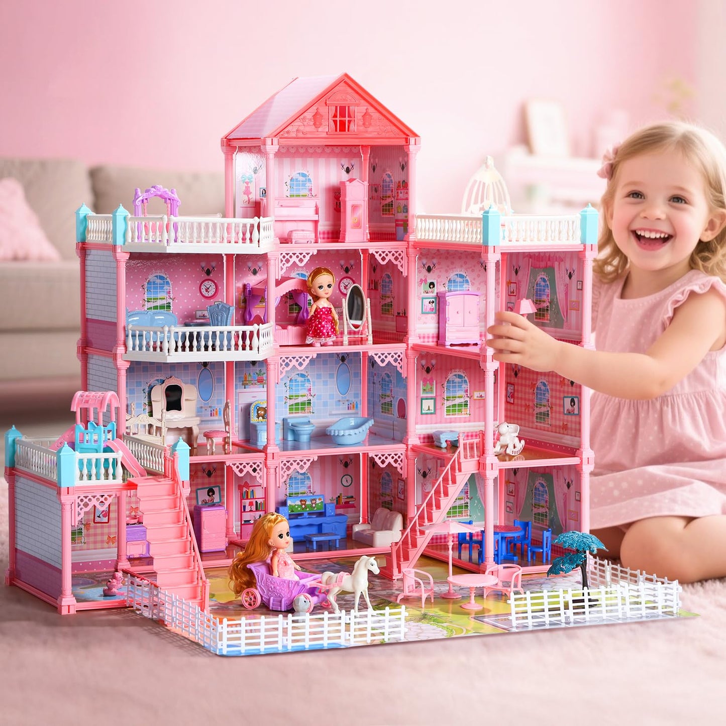 HOLYFUN Huge Dollhouse for Girls – 3-Story, 11 Rooms, Fully Furnished