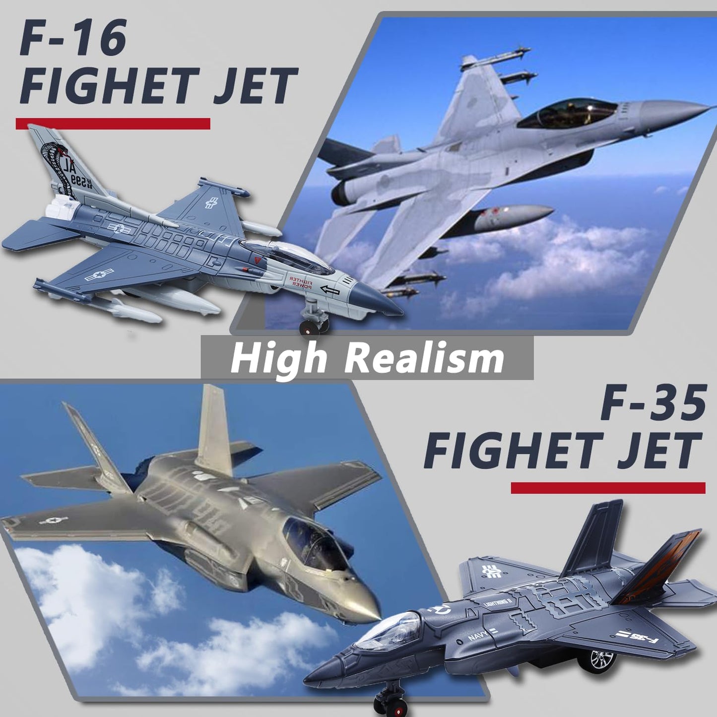 HOLYFUN Double Fighter Jet Toy: F35 & F16 Diecast Planes with Lights & Sounds