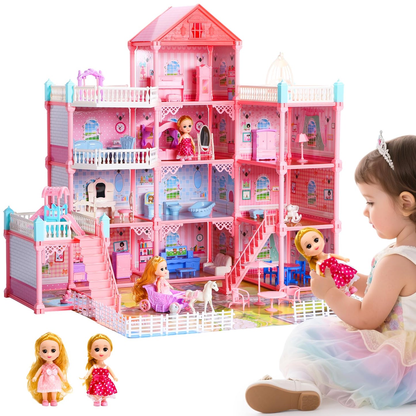 HOLYFUN Huge Dollhouse for Girls – 3-Story, 11 Rooms, Fully Furnished