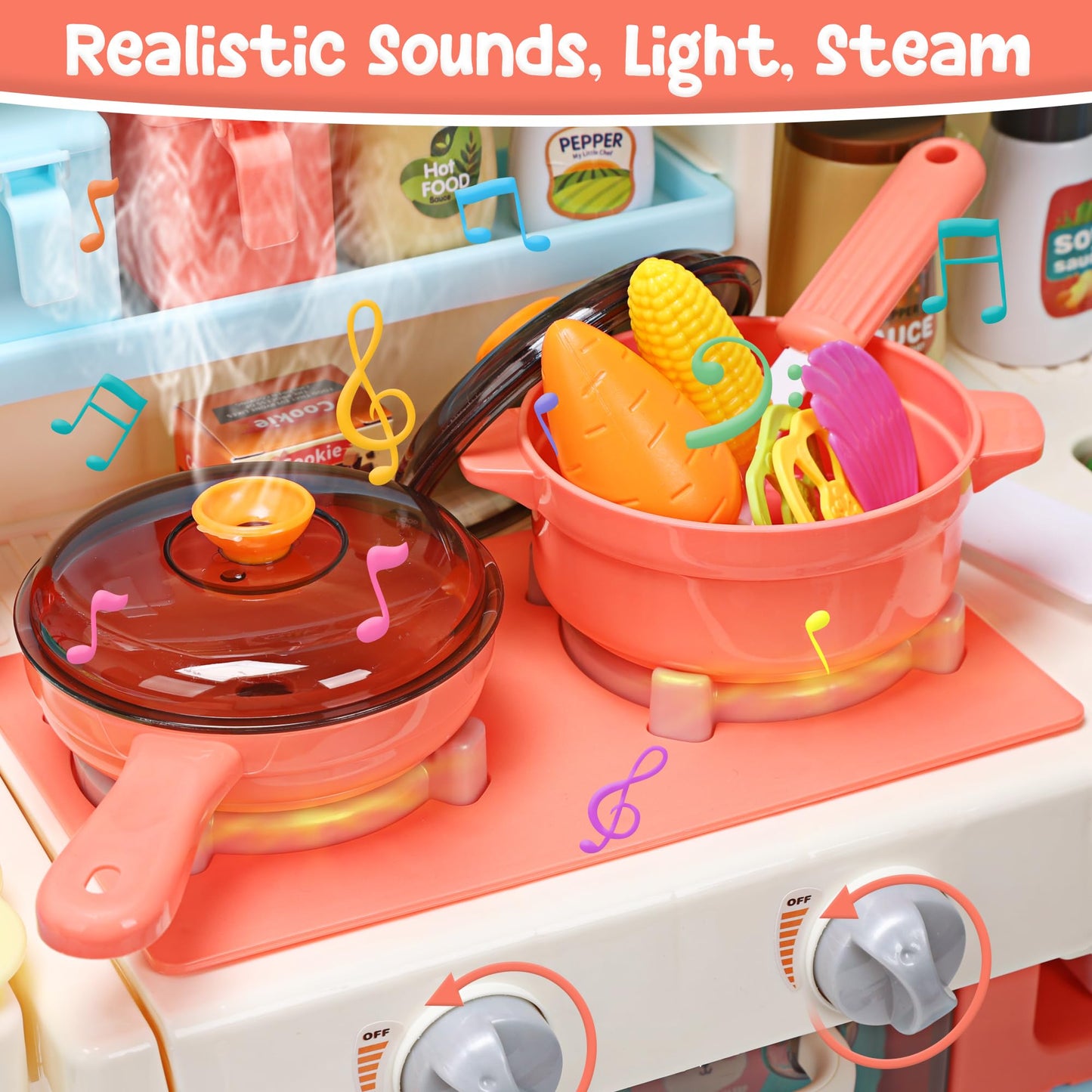 HOLYFUN Kids Kitchen Playset – Pink Interactive Stove, Steam, Sink & Sound for Imaginative Play