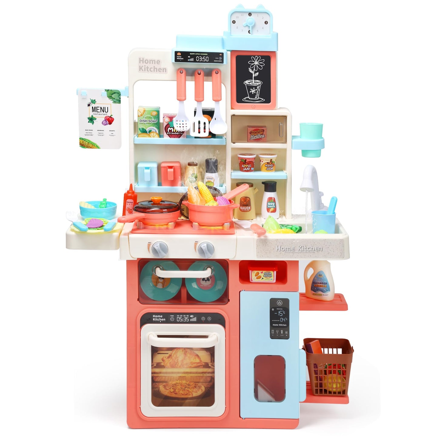 HOLYFUN Kids Kitchen Playset – Pink Interactive Stove, Steam, Sink & Sound for Imaginative Play