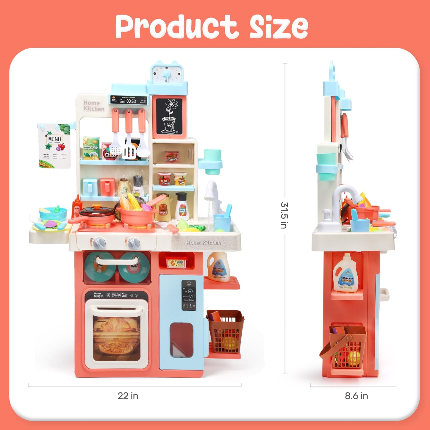 HOLYFUN Kids Kitchen Playset – Pink Interactive Stove, Steam, Sink & Sound for Imaginative Play