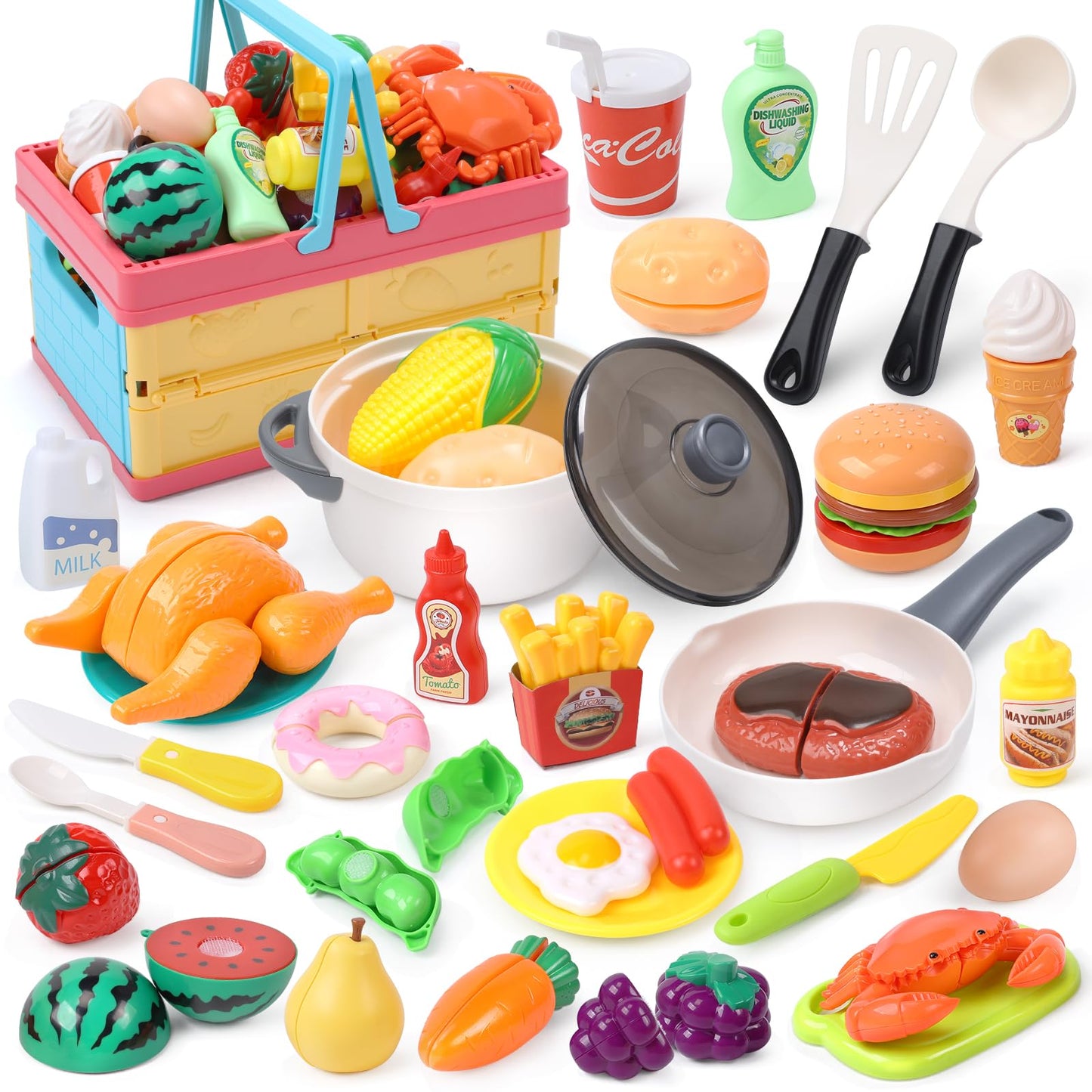 HOLYFUN Play Food Toy Set for Kids Kitchen - Cutting Fruit & Vegetables, Pretend Play, Storage Basket