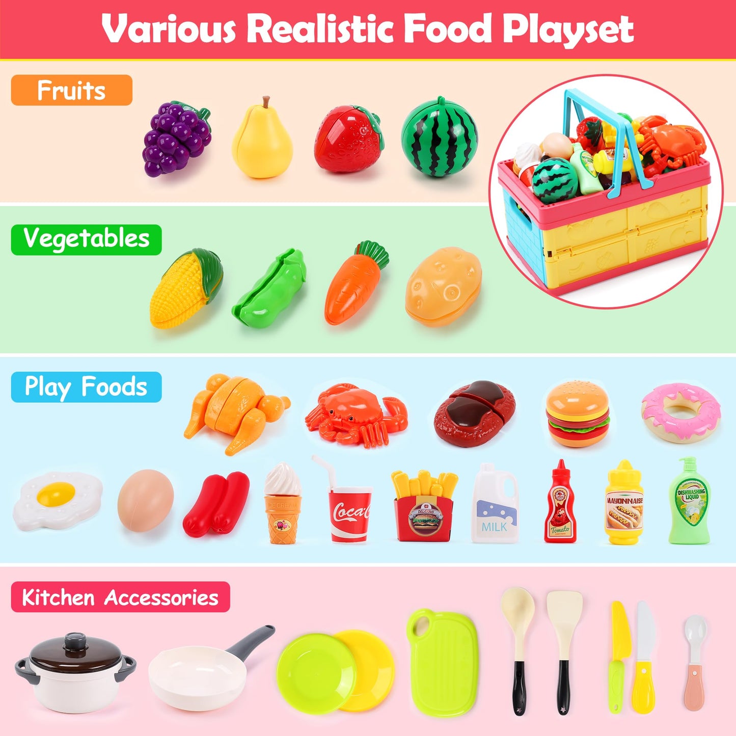 HOLYFUN Play Food Toy Set for Kids Kitchen - Cutting Fruit & Vegetables, Pretend Play, Storage Basket