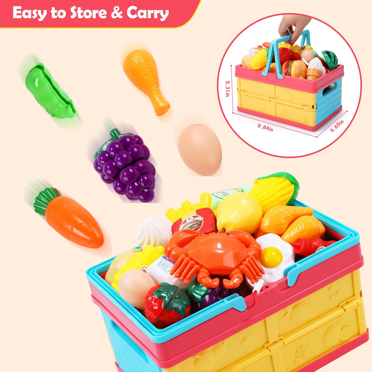 HOLYFUN Play Food Toy Set for Kids Kitchen - Cutting Fruit & Vegetables, Pretend Play, Storage Basket