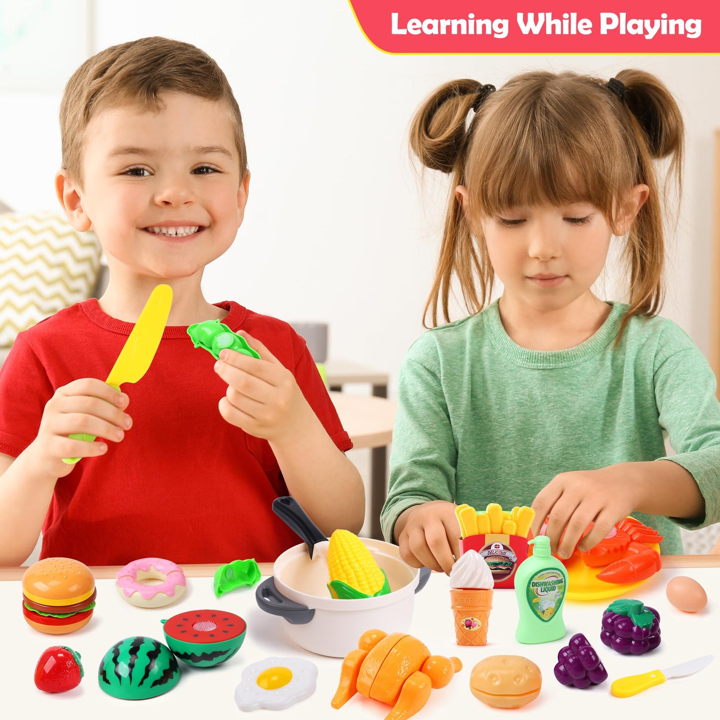 HOLYFUN Play Food Toy Set for Kids Kitchen - Cutting Fruit & Vegetables, Pretend Play, Storage Basket