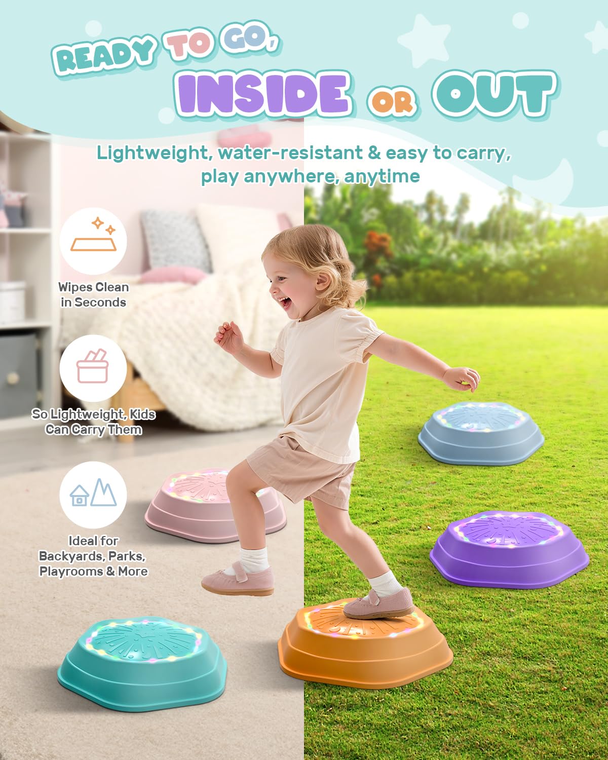 Holyton Music Light-Up Stepping Stones for Kids – 5-Pack (Pink) | Sensory Balance Toys