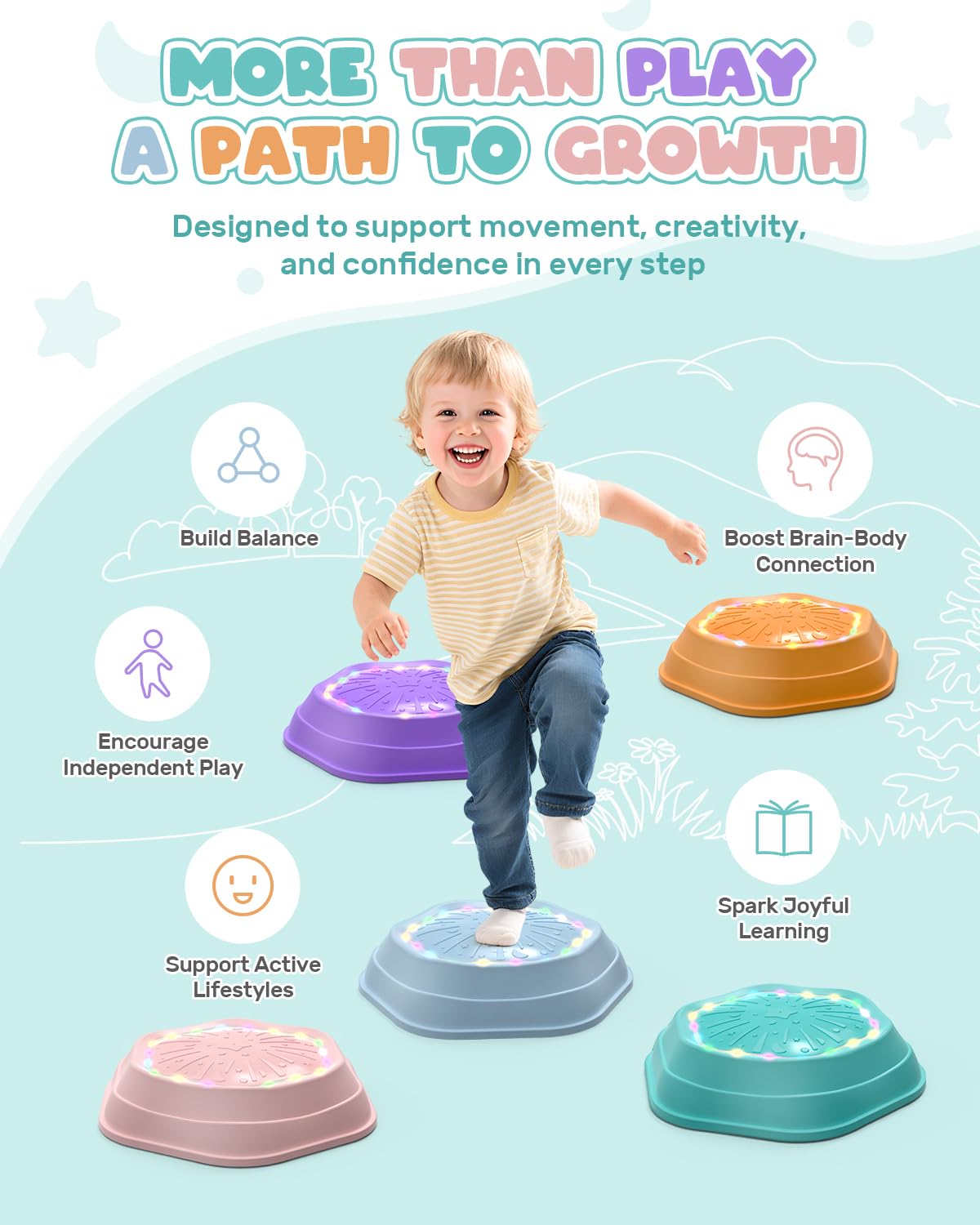 Holyton Music Light-Up Stepping Stones for Kids – 5-Pack (Pink) | Sensory Balance Toys