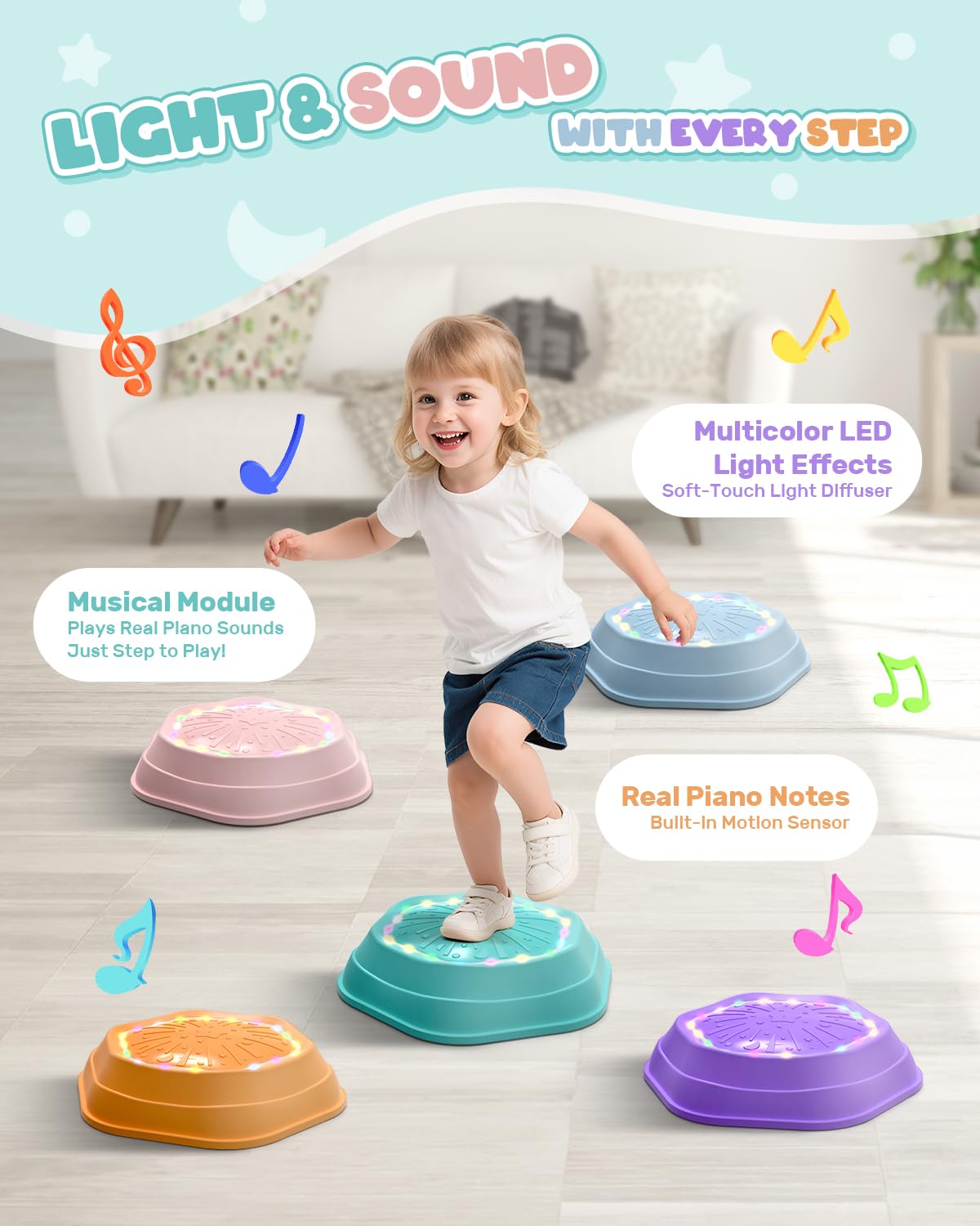 Holyton Music Light-Up Stepping Stones for Kids – 5-Pack (Pink) | Sensory Balance Toys