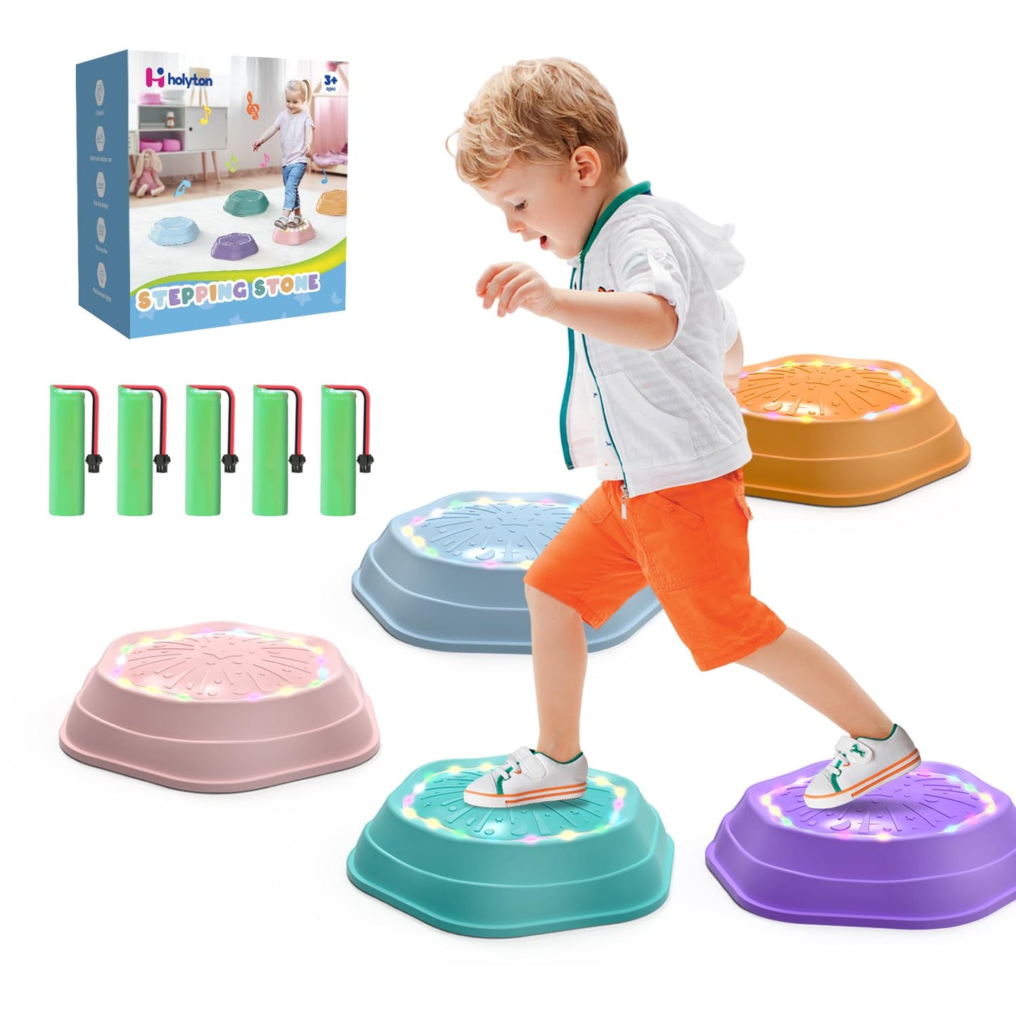 Holyton Music Light-Up Stepping Stones for Kids – 5-Pack (Pink) | Sensory Balance Toys