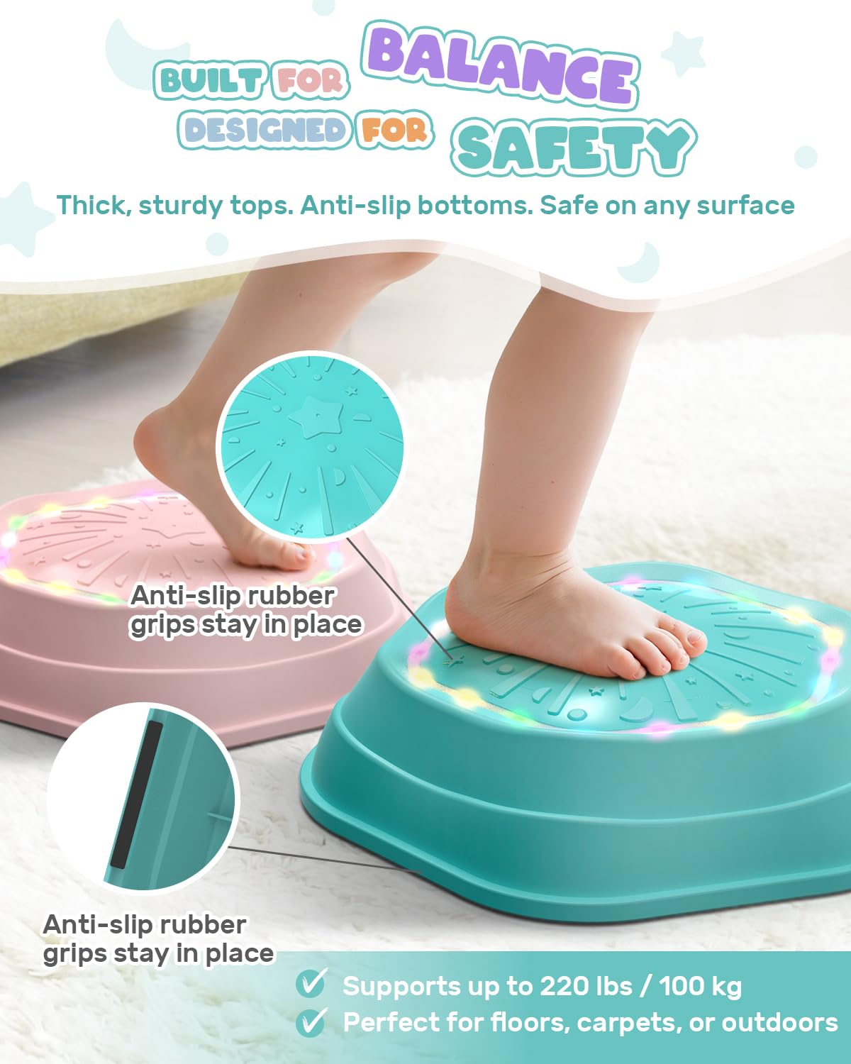 Holyton Music Light-Up Stepping Stones for Kids – 5-Pack (Pink) | Sensory Balance Toys