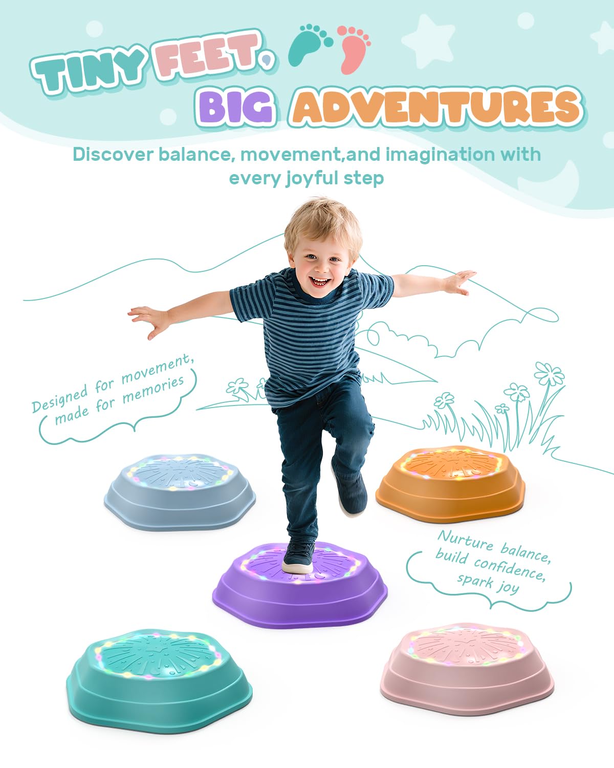 Holyton Music Light-Up Stepping Stones for Kids – 5-Pack (Pink) | Sensory Balance Toys