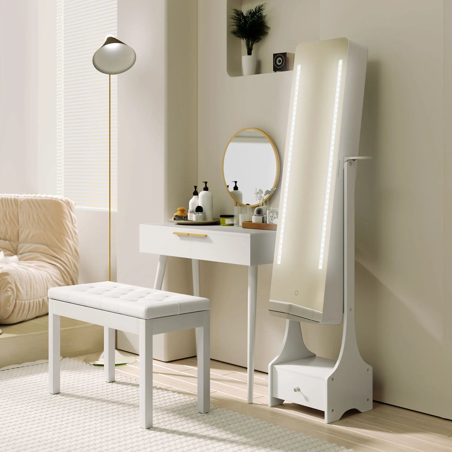 HOMCOM Freestanding Jewellery Storage Mirror Armoire with LED Lights, Hooks & Drawer