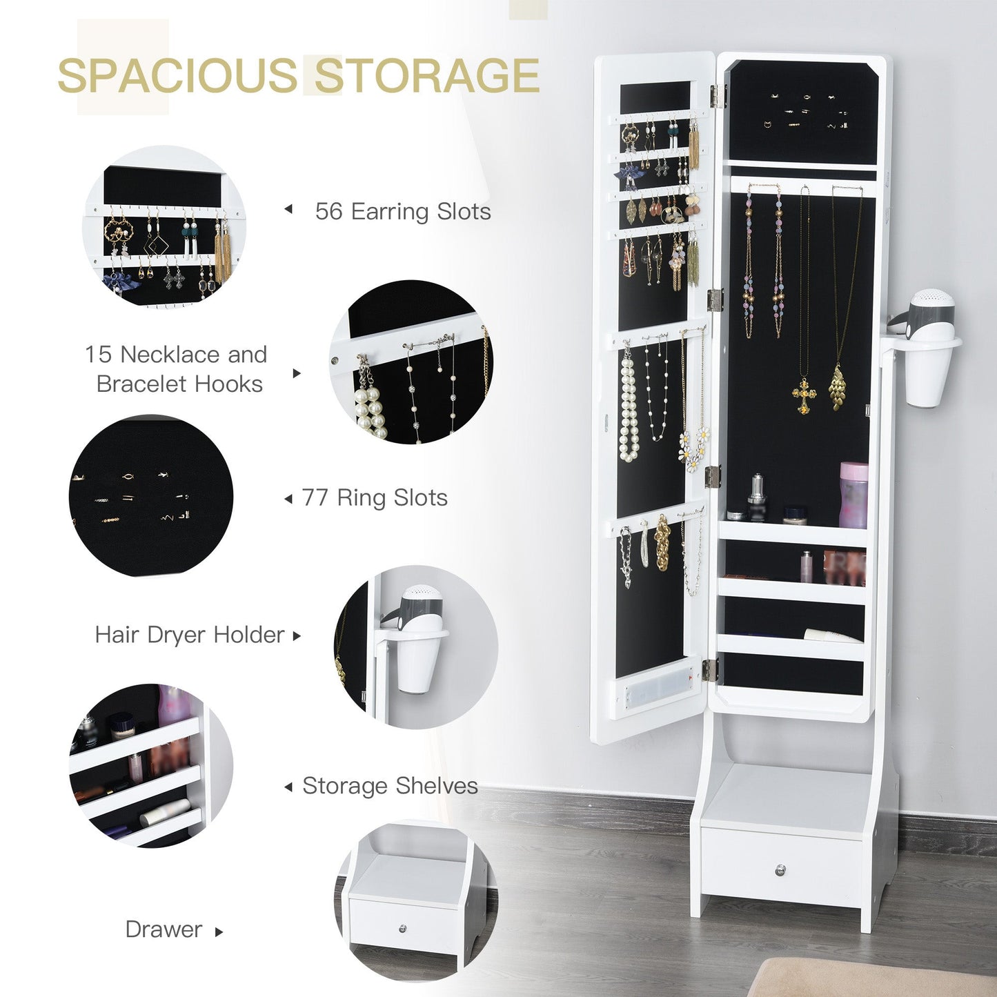 HOMCOM Freestanding Jewellery Storage Mirror Armoire with LED Lights, Hooks & Drawer
