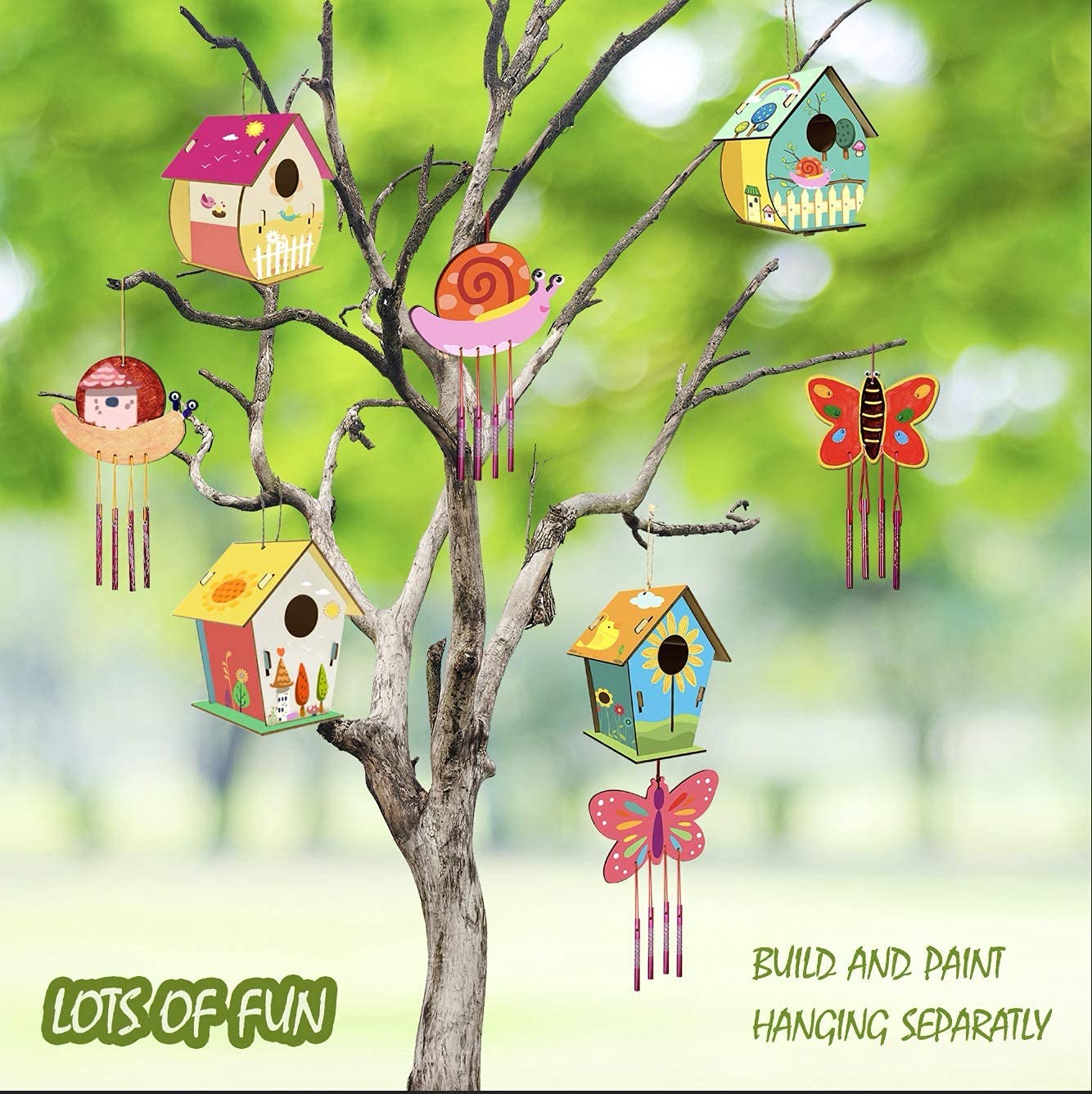 Home Composer 4 Pack DIY Bird House & Wind Chime Kits for Kids – Build, Paint & Display