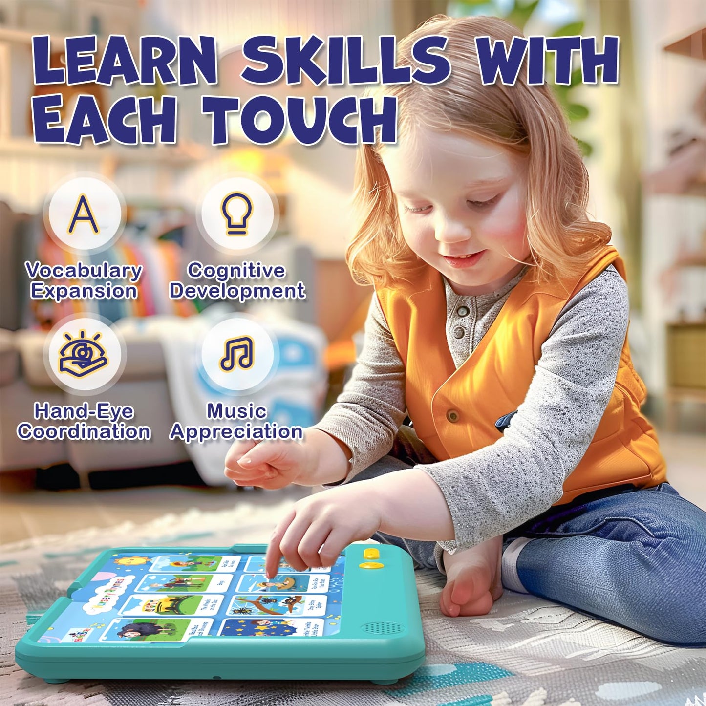 HOMESTEC Astro Pad - Toddler Interactive Learning Tablet with 21 Flashcards, 17 Nursery Rhymes, and 16 Stories