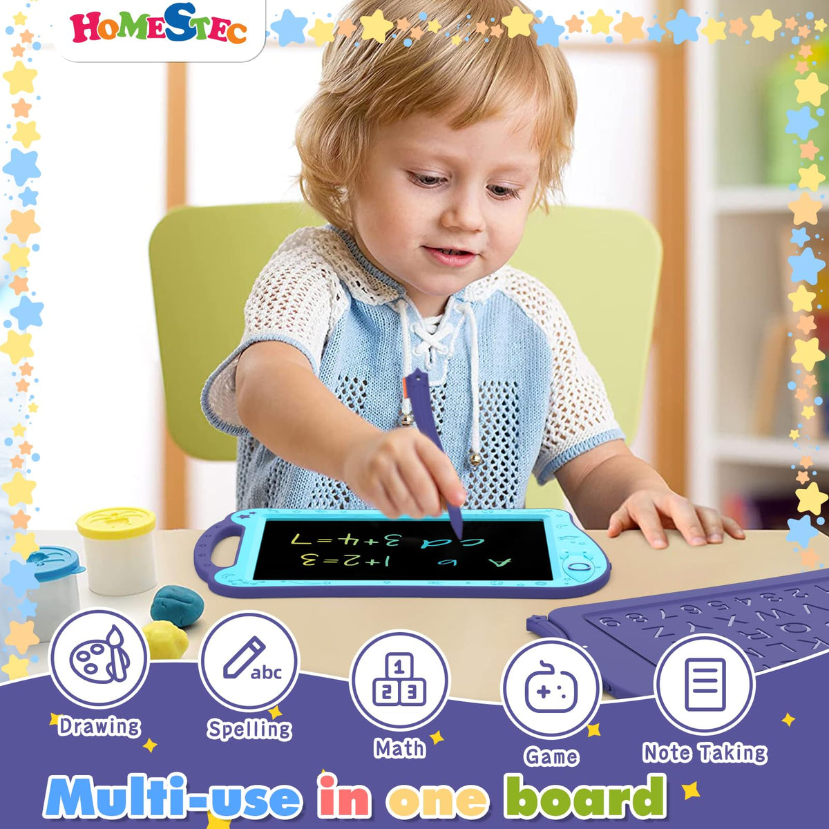 [ClimatePartner Certified] HOMESTEC Astrodraw: Colorful LCD Doodle Pad for Kids (Aqua/Purple)