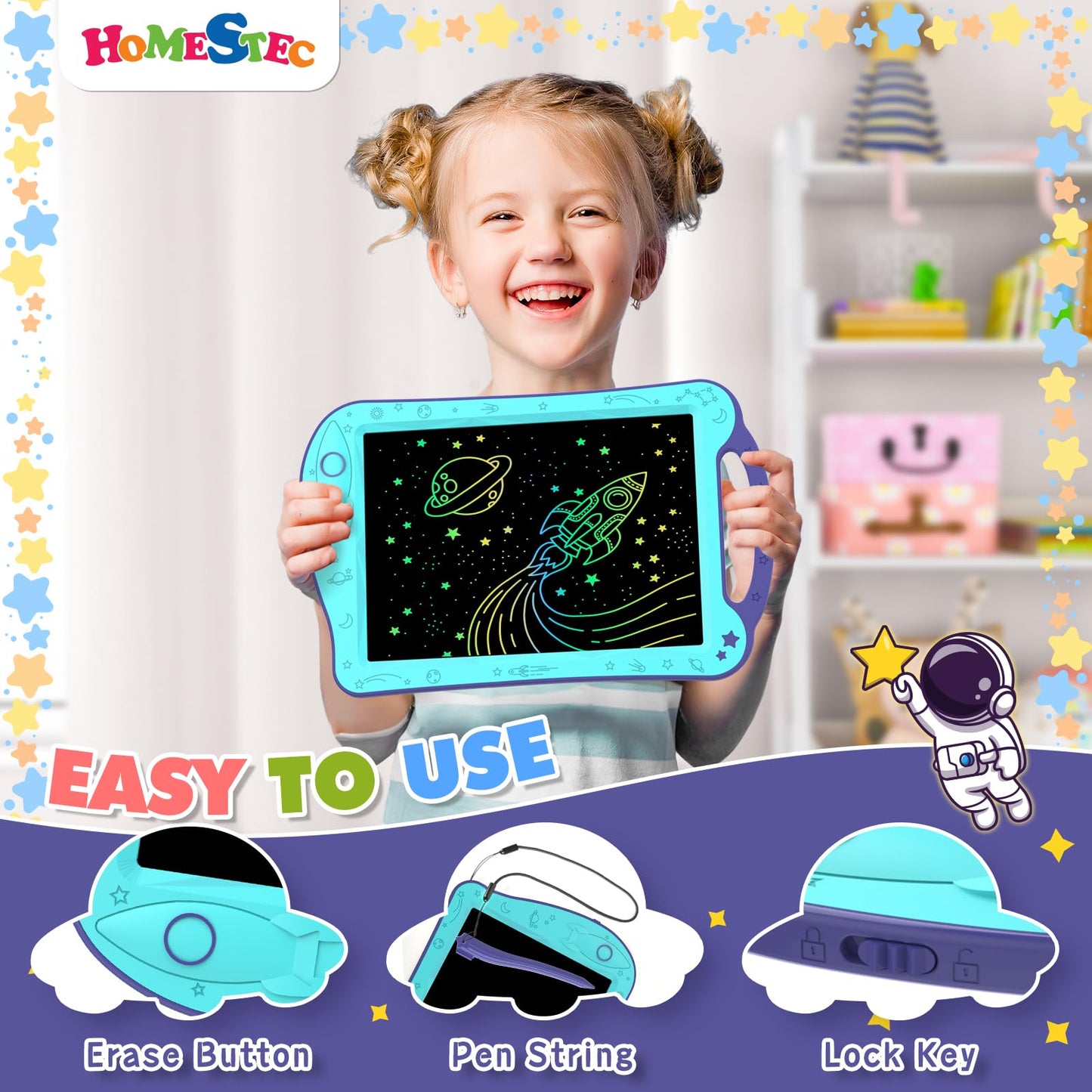 HOMESTEC Astrodraw LCD Doodle Board for Kids – Space Theme, 2-Pack