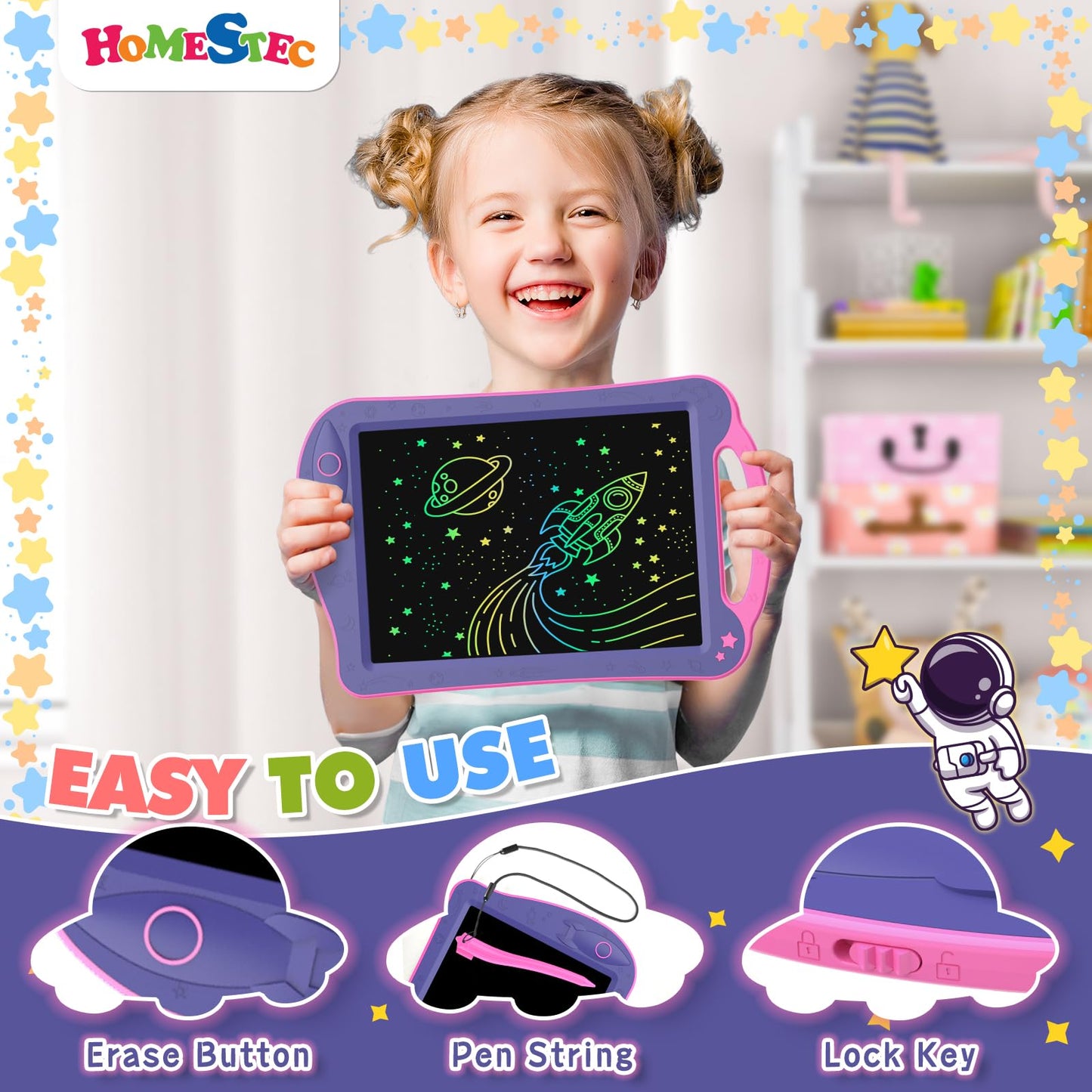 HOMESTEC Astrodraw Drawing Pad – Space-Themed LCD Doodle Board for Kids 3-7 (Purple/Pink)