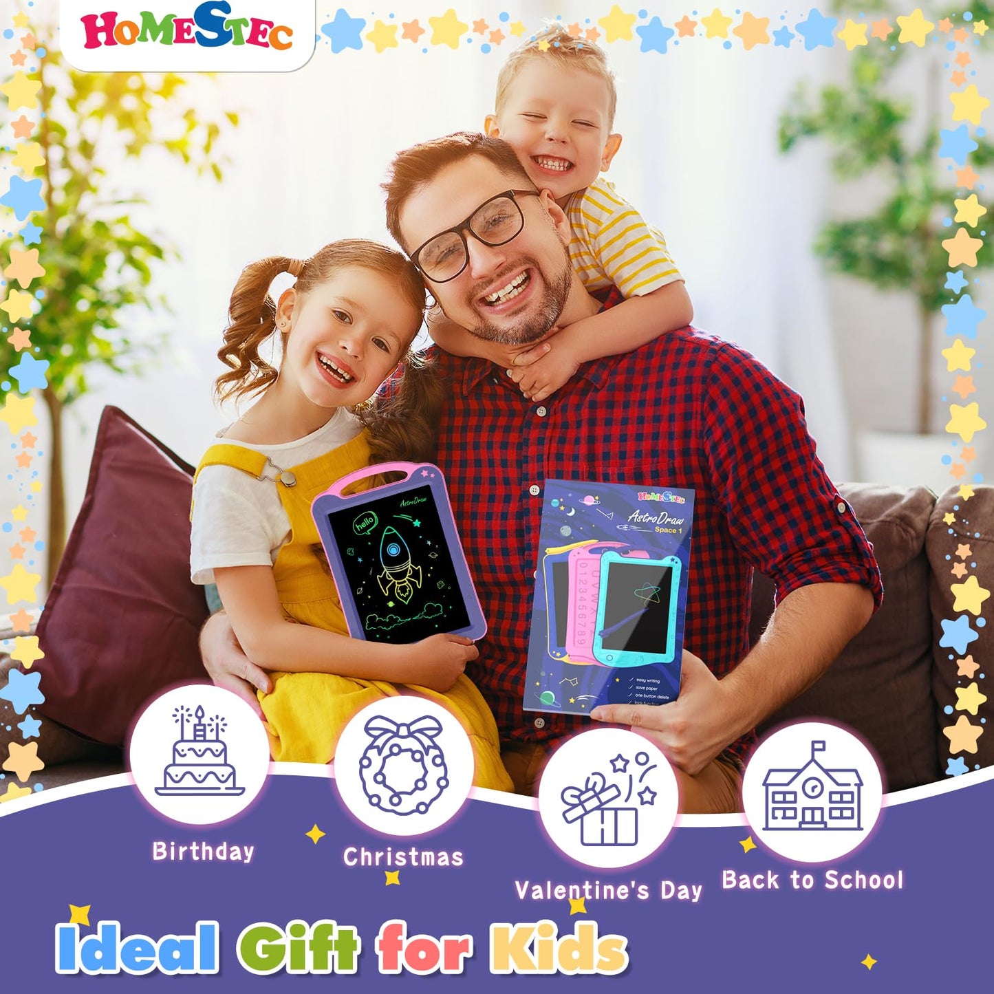 HOMESTEC Astrodraw Drawing Pad – Space-Themed LCD Doodle Board for Kids 3-7 (Purple/Pink)