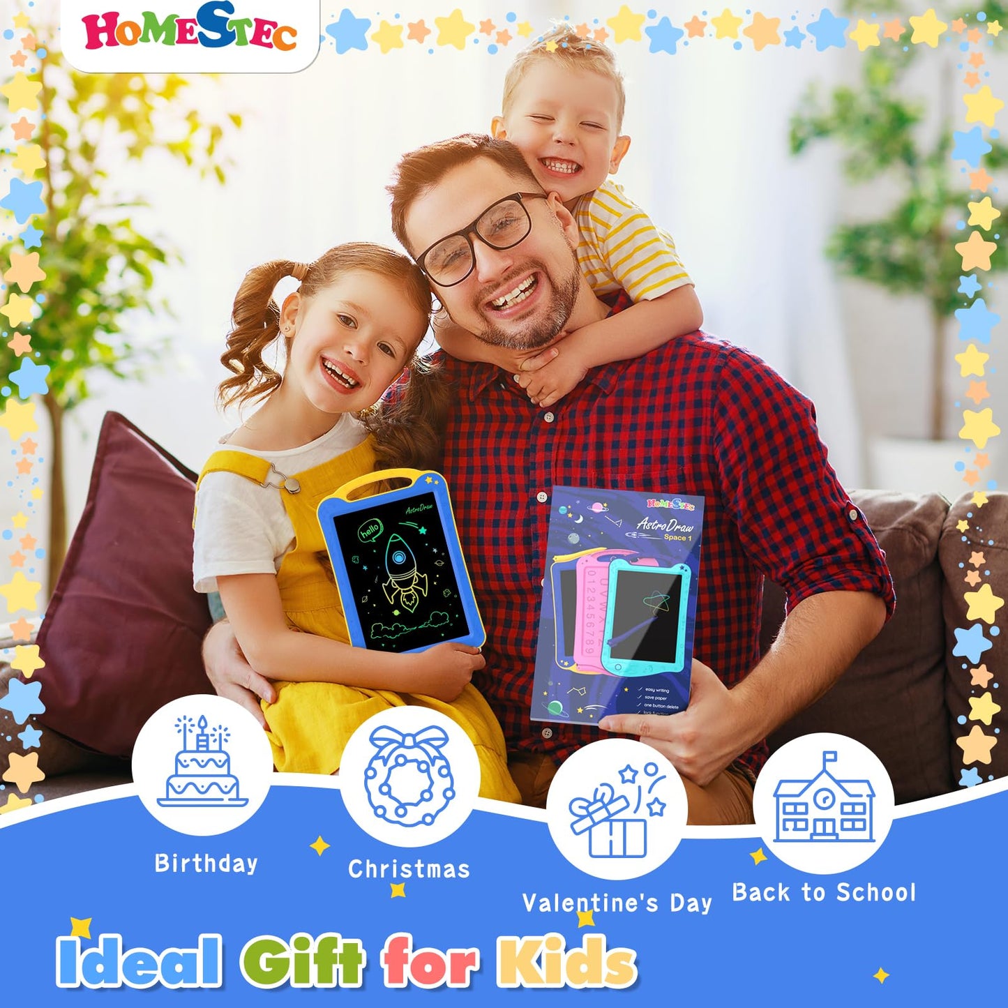 HOMESTEC Astrodraw Drawing Pad for Kids – Colorful LCD Doodle Board, 3-7 Years, Travel Toy (Blue/Yellow)