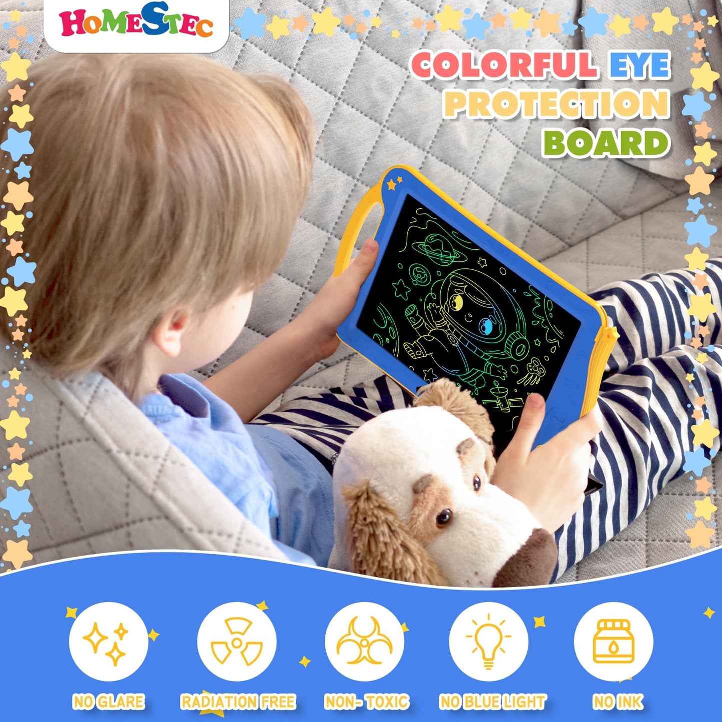 HOMESTEC Astrodraw Drawing Pad for Kids – Colorful LCD Doodle Board, 3-7 Years, Travel Toy (Blue/Yellow)