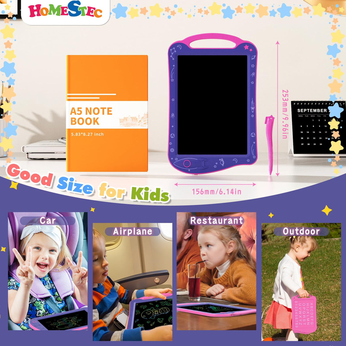 HOMESTEC Astrodraw Drawing Pad – Space-Themed LCD Doodle Board for Kids 3-7 (Purple/Pink)