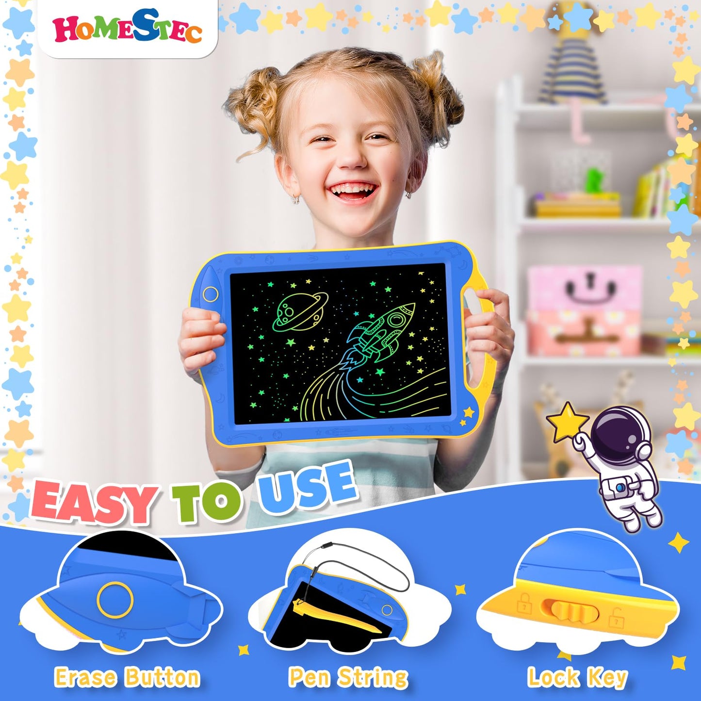 HOMESTEC Astrodraw Drawing Pad for Kids – Colorful LCD Doodle Board, 3-7 Years, Travel Toy (Blue/Yellow)
