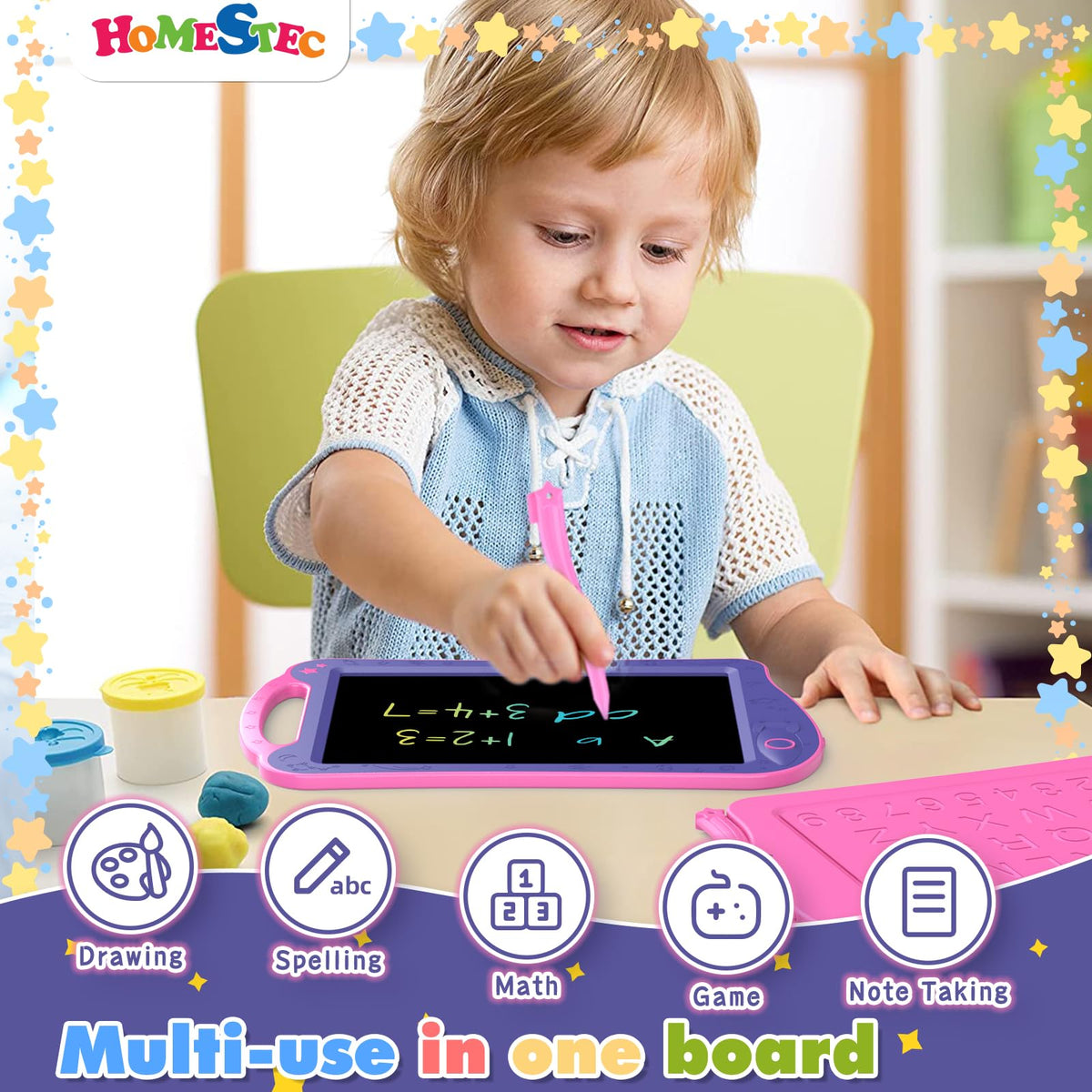 HOMESTEC Astrodraw Drawing Pad – Space-Themed LCD Doodle Board for Kids 3-7 (Purple/Pink)
