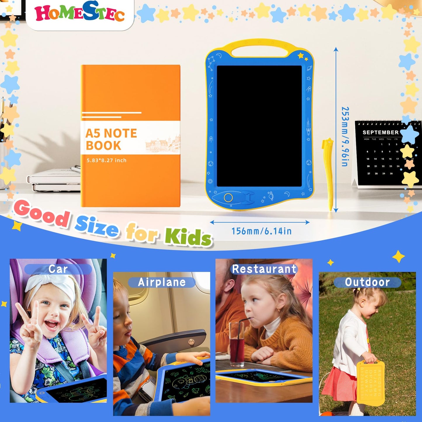 HOMESTEC Astrodraw Drawing Pad for Kids – Colorful LCD Doodle Board, 3-7 Years, Travel Toy (Blue/Yellow)