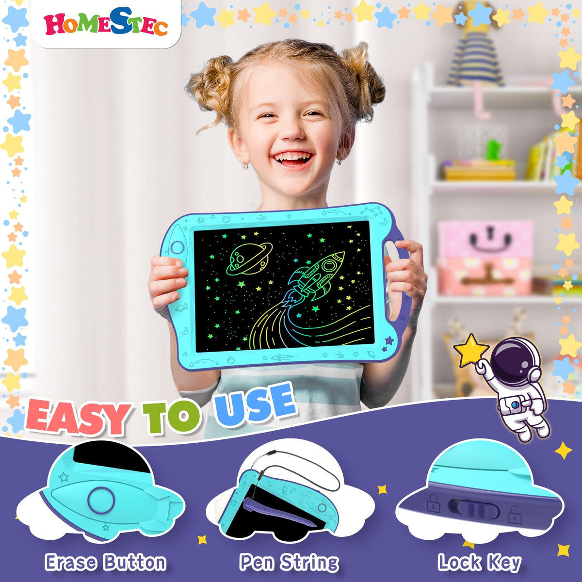 [ClimatePartner Certified] HOMESTEC Astrodraw: Colorful LCD Doodle Pad for Kids (Aqua/Purple)