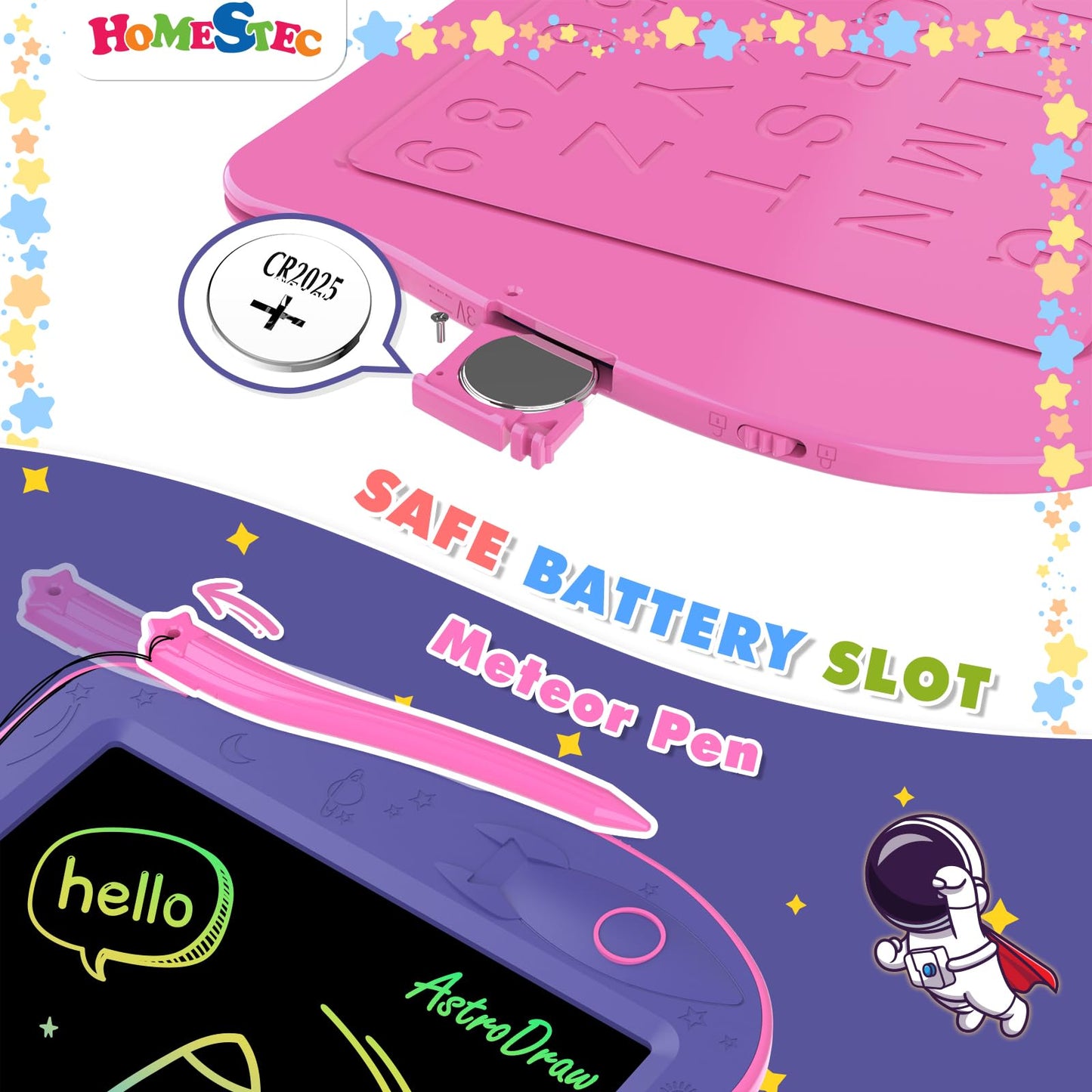 HOMESTEC Astrodraw Drawing Pad – Space-Themed LCD Doodle Board for Kids 3-7 (Purple/Pink)