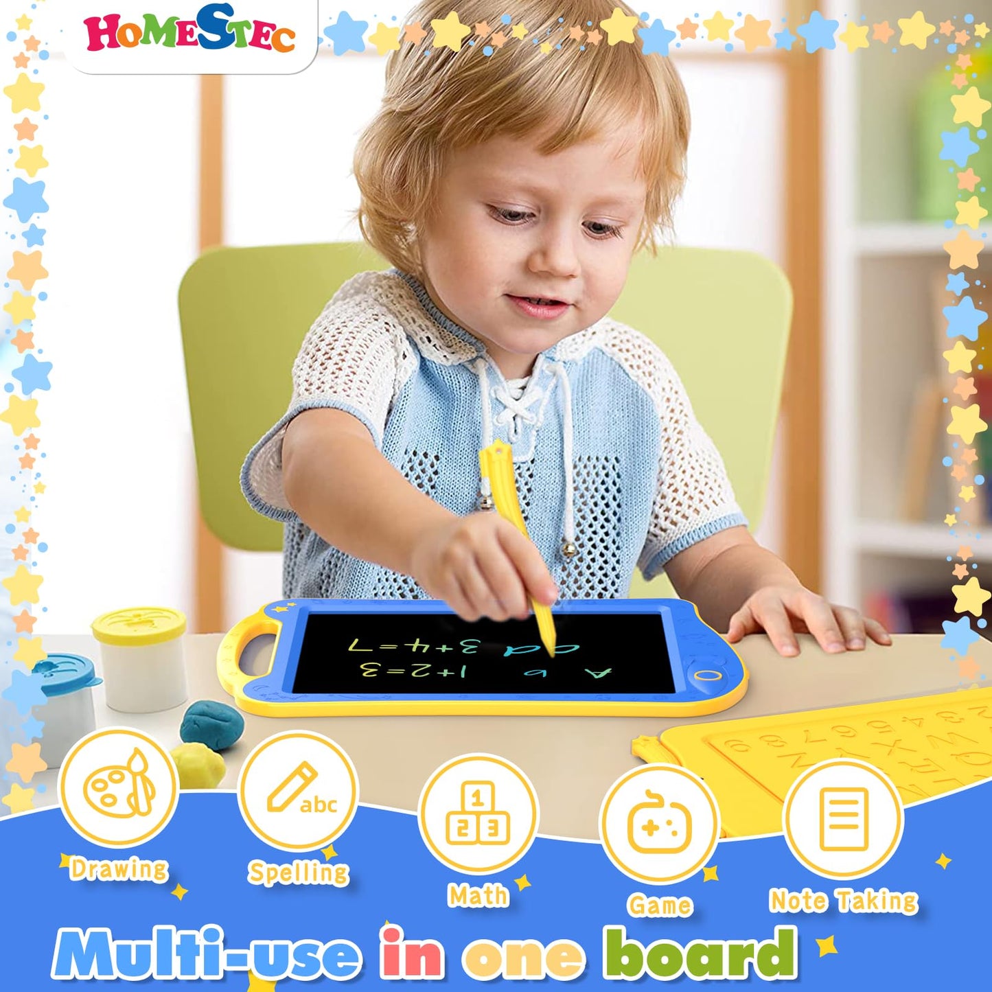 HOMESTEC Astrodraw Drawing Pad for Kids – Colorful LCD Doodle Board, 3-7 Years, Travel Toy (Blue/Yellow)