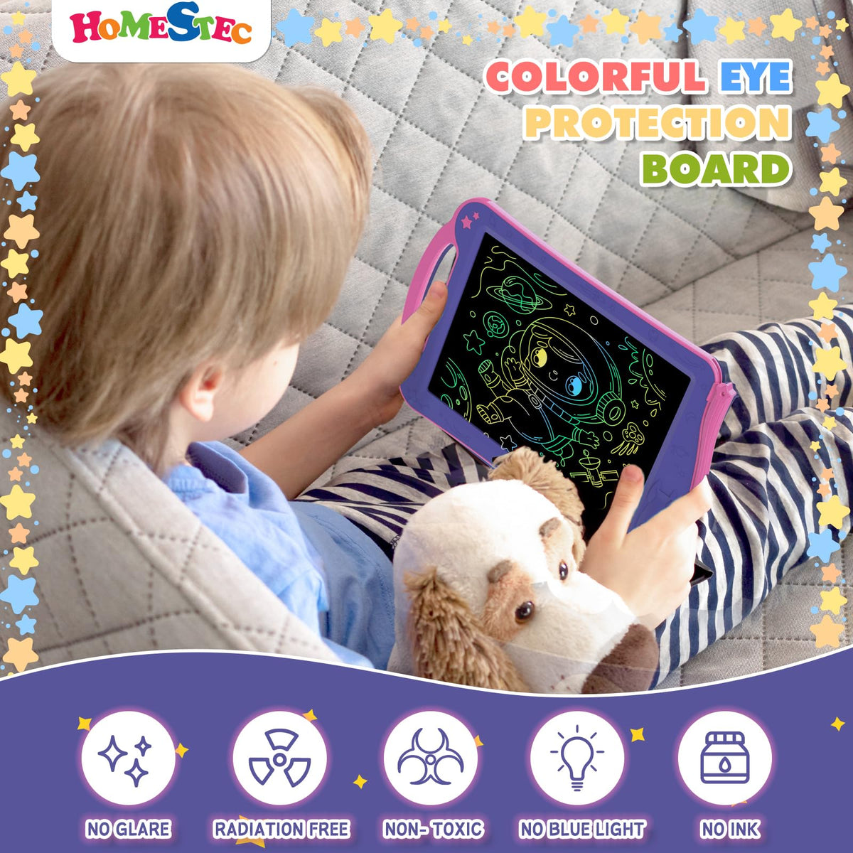 HOMESTEC Astrodraw Drawing Pad – Space-Themed LCD Doodle Board for Kids 3-7 (Purple/Pink)