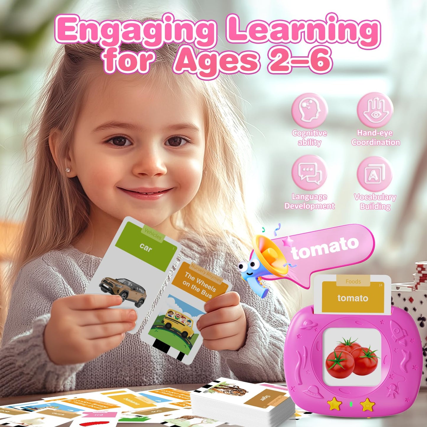 HOMESTEC Talking Flash Cards for Toddlers – 144 Sight Words, American Accent, Ages 3-6 (Pink)