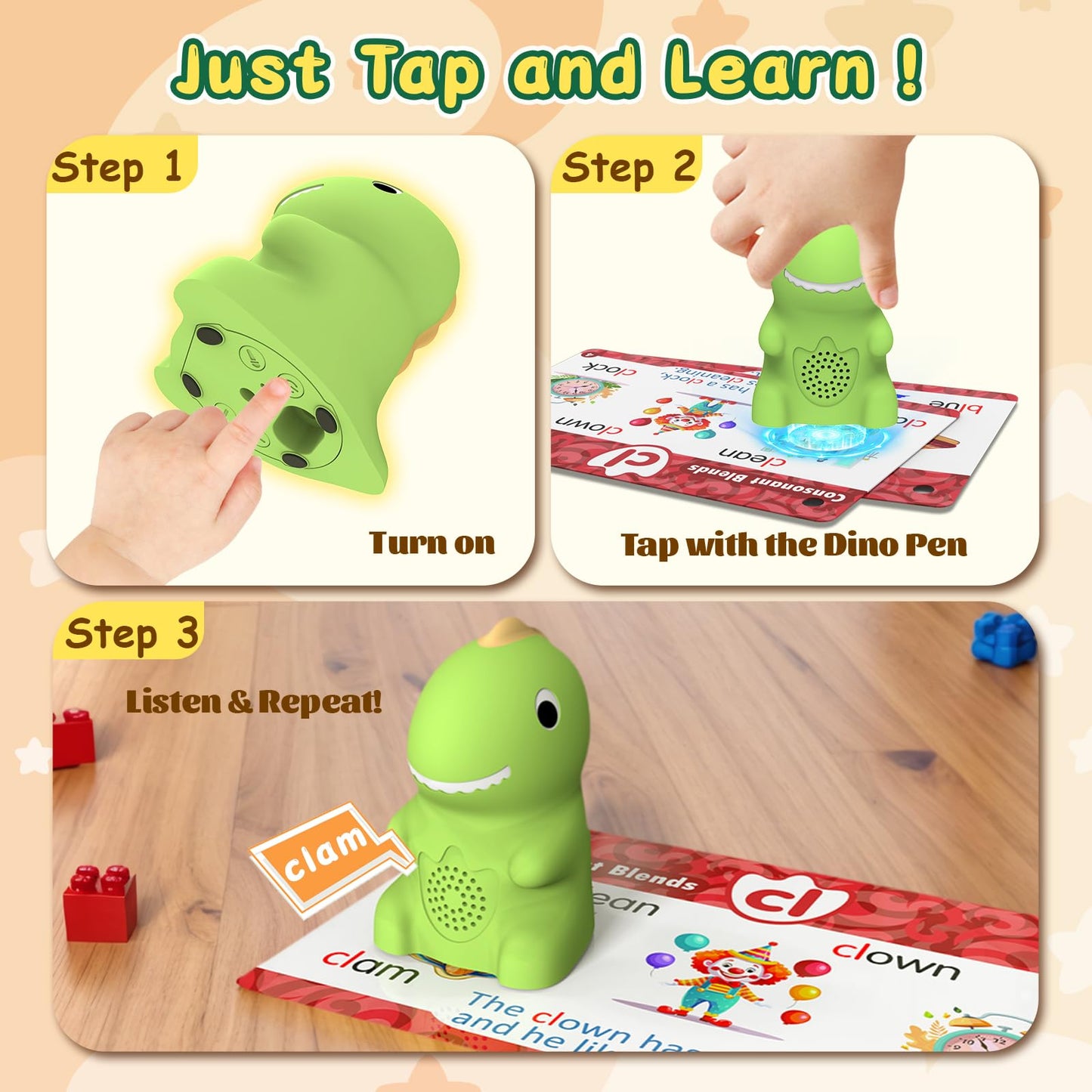 HOMESTEC Phonics Flash Cards with Talking Dino Pen — Learn to Read for Kids 3–6