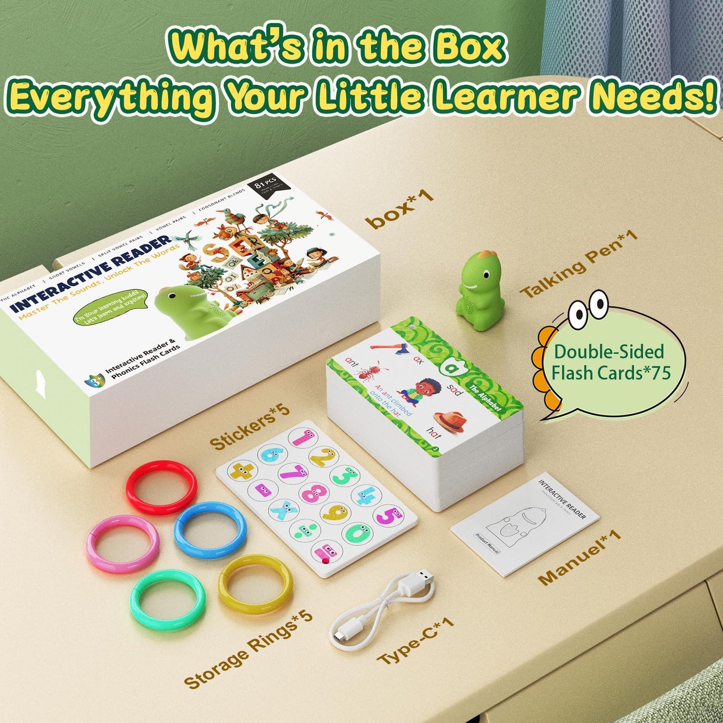 HOMESTEC Phonics Flash Cards with Talking Dino Pen — Learn to Read for Kids 3–6