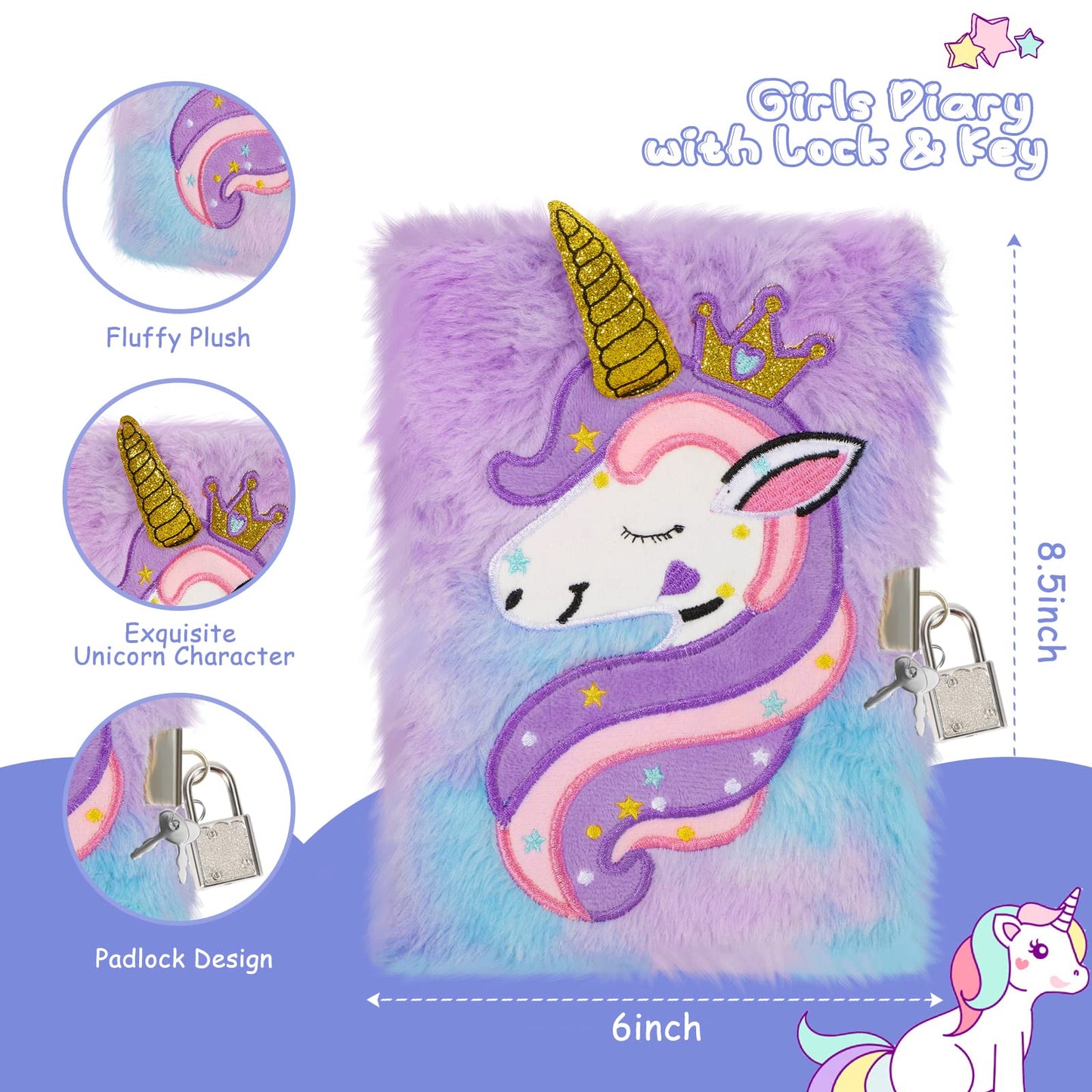 homicozy Kids Unicorn Diary with Lock and Key – Tie-Dye Fuzzy Journal for Girls 6+ | A5 Hardcover, 160 Pages