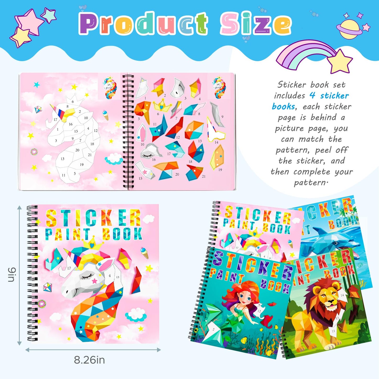 homicozy 4-Pack Sticker Paint Books for Kids 4-10 | Unicorn, Mermaid & Ocean Designs