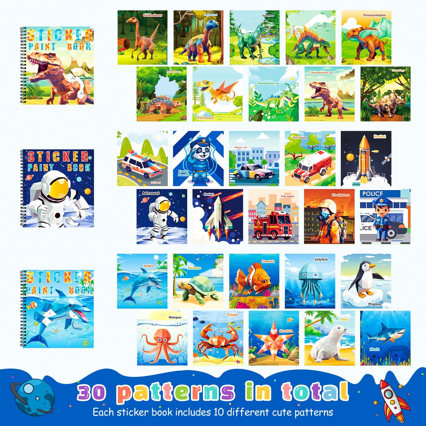 homicozy 4PCS Sticker Paint Books for Kids 4-10 – Dinosaur, Astronaut, Ocean & Animals