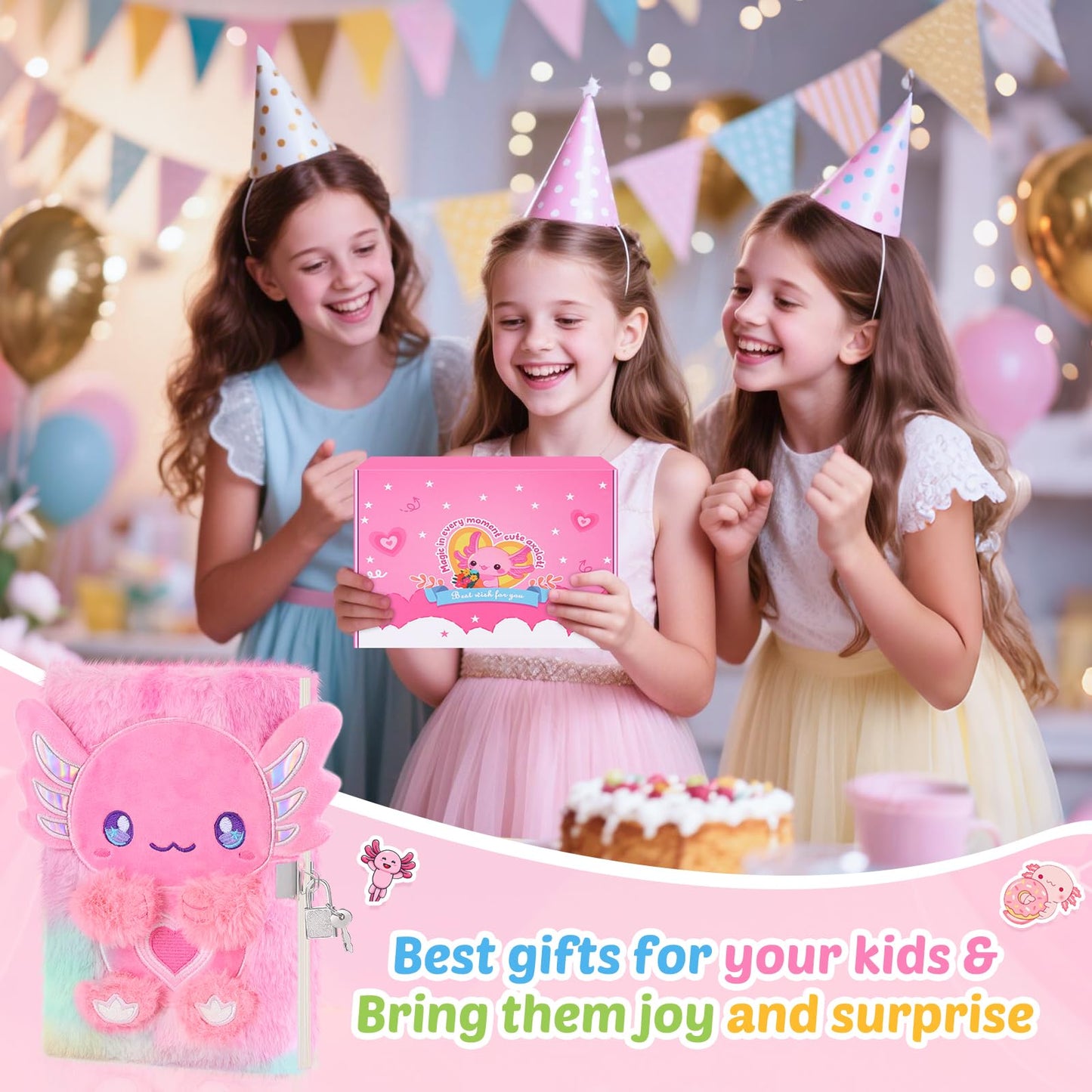 Homicozy Axolotl Diary with Lock & 160 Pages | Tie-Dye Fuzzy Journal for Girls 6+