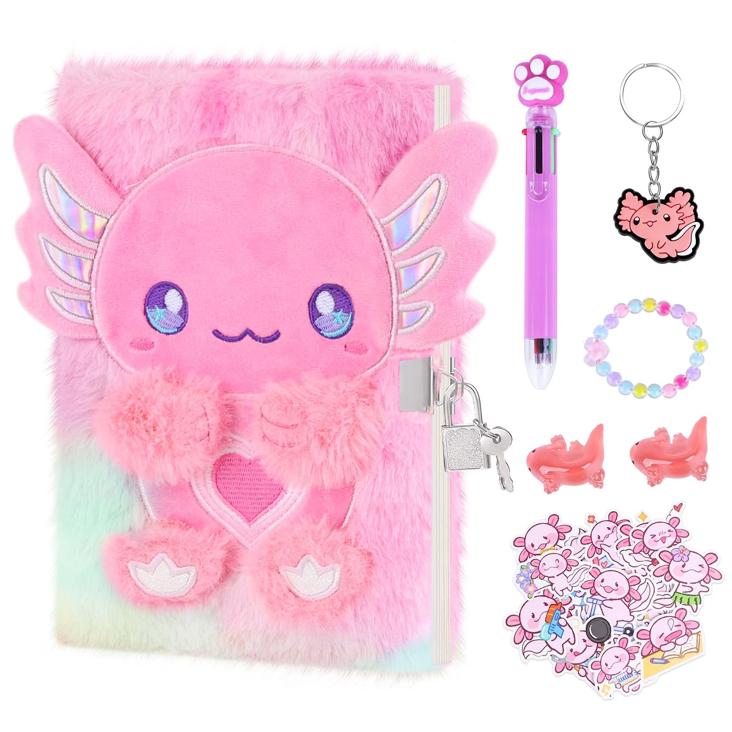 Homicozy Axolotl Diary with Lock & 160 Pages | Tie-Dye Fuzzy Journal for Girls 6+
