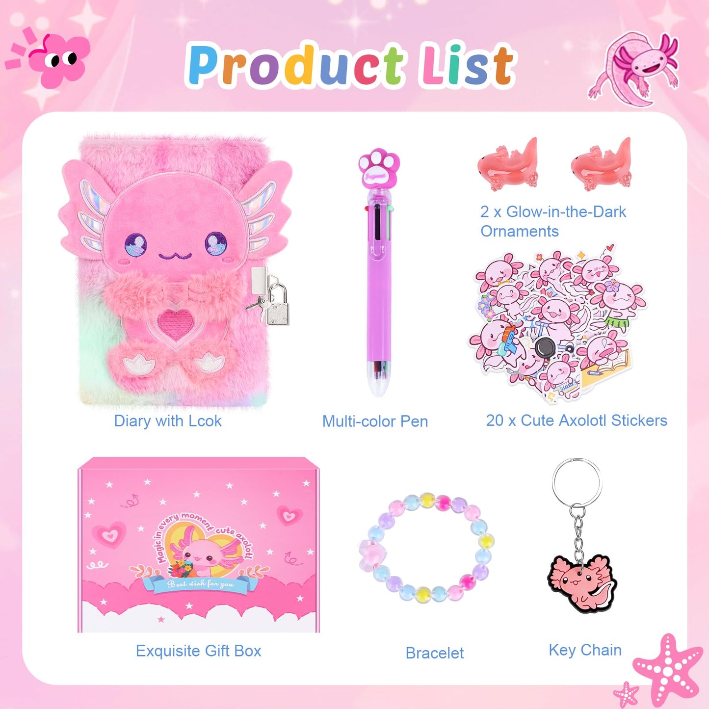 Homicozy Axolotl Diary with Lock & 160 Pages | Tie-Dye Fuzzy Journal for Girls 6+