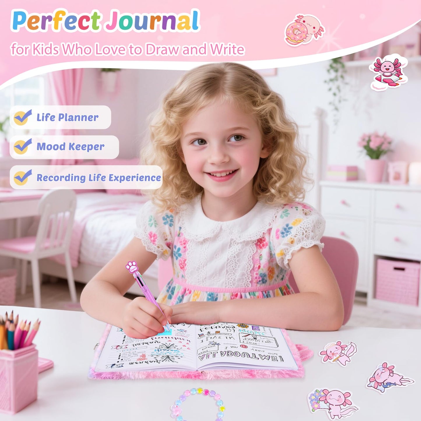 Homicozy Axolotl Diary with Lock & 160 Pages | Tie-Dye Fuzzy Journal for Girls 6+