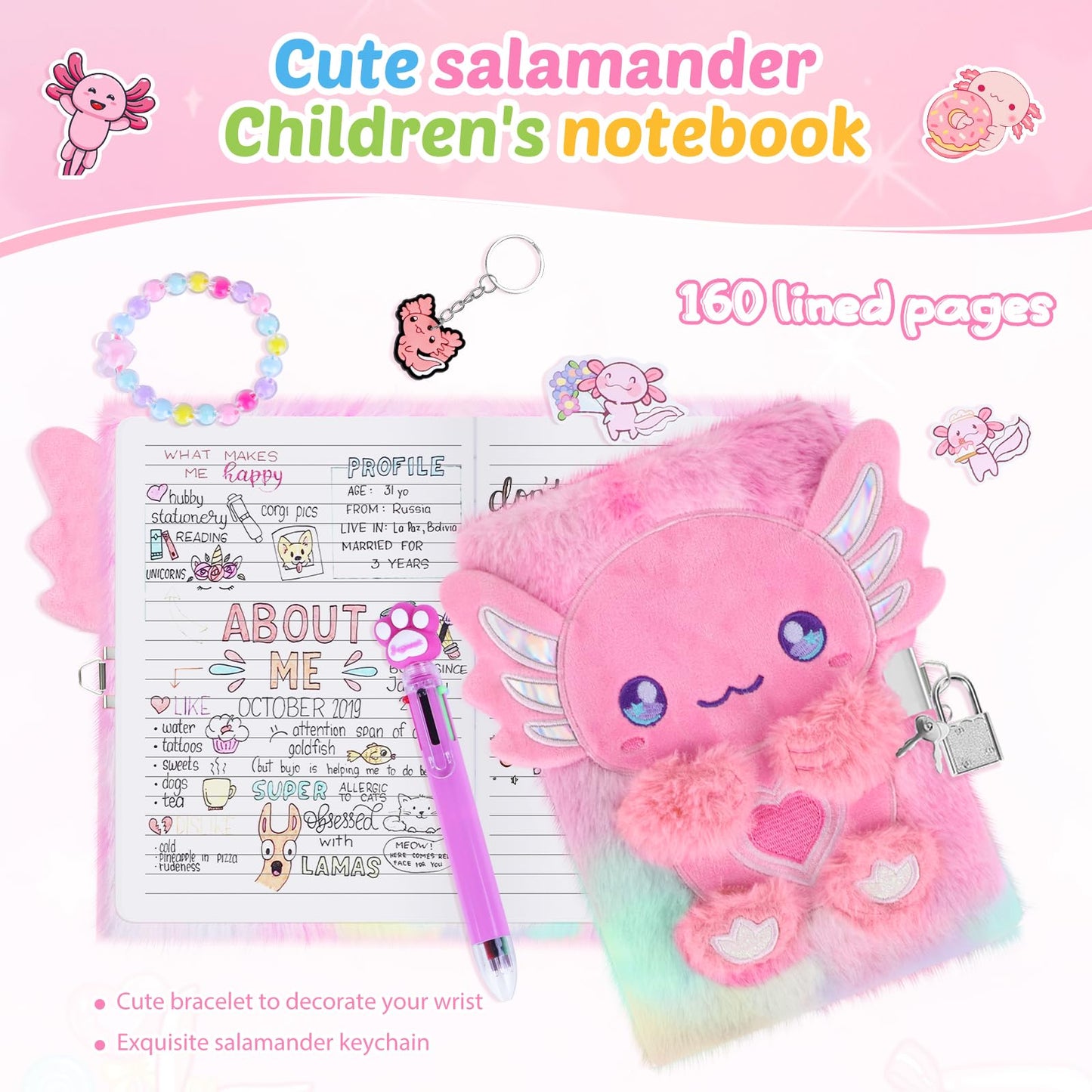 Homicozy Axolotl Diary with Lock & 160 Pages | Tie-Dye Fuzzy Journal for Girls 6+