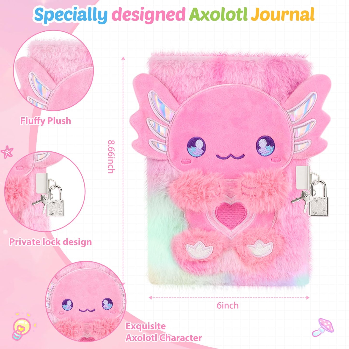Homicozy Axolotl Diary with Lock & 160 Pages | Tie-Dye Fuzzy Journal for Girls 6+