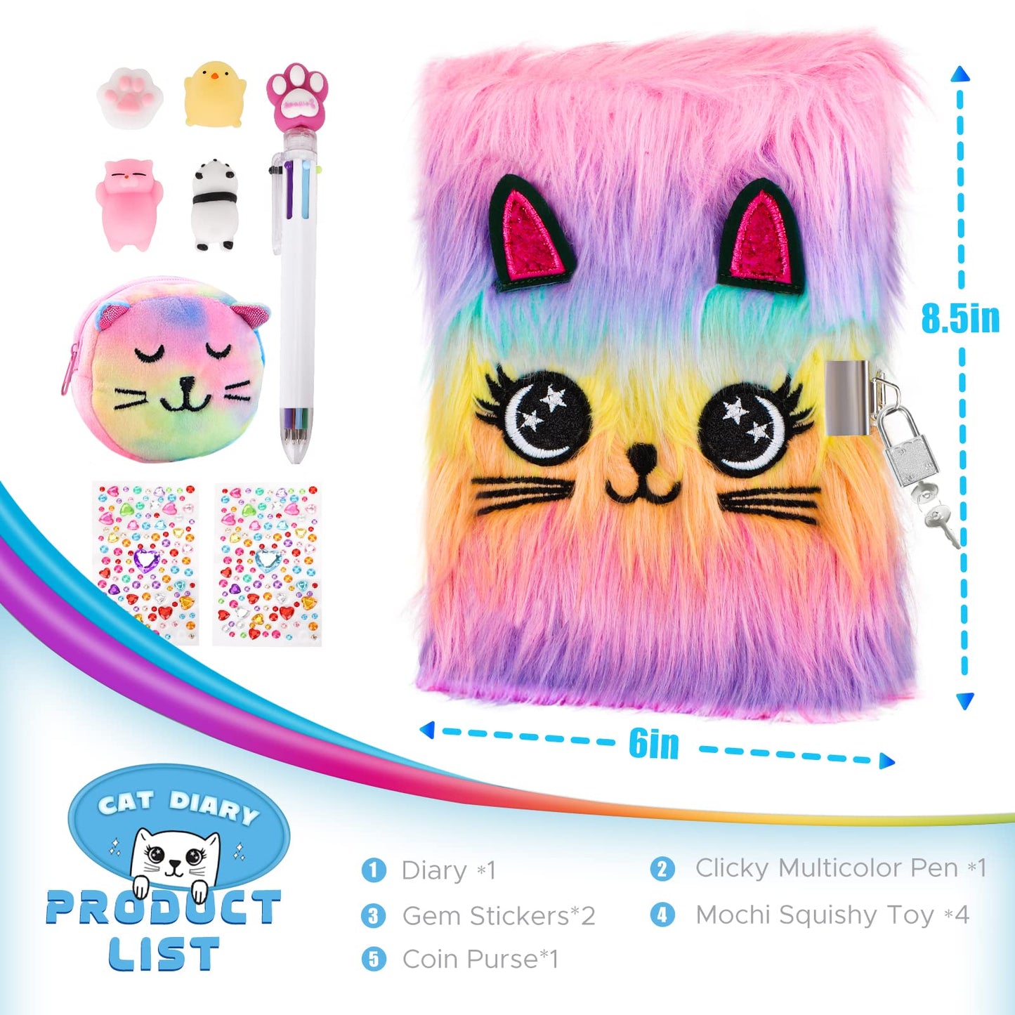HOMICOZY Cat Diary with Lock and Keys for Girls – Plush Hardcover Journal, 160 Lined Pages