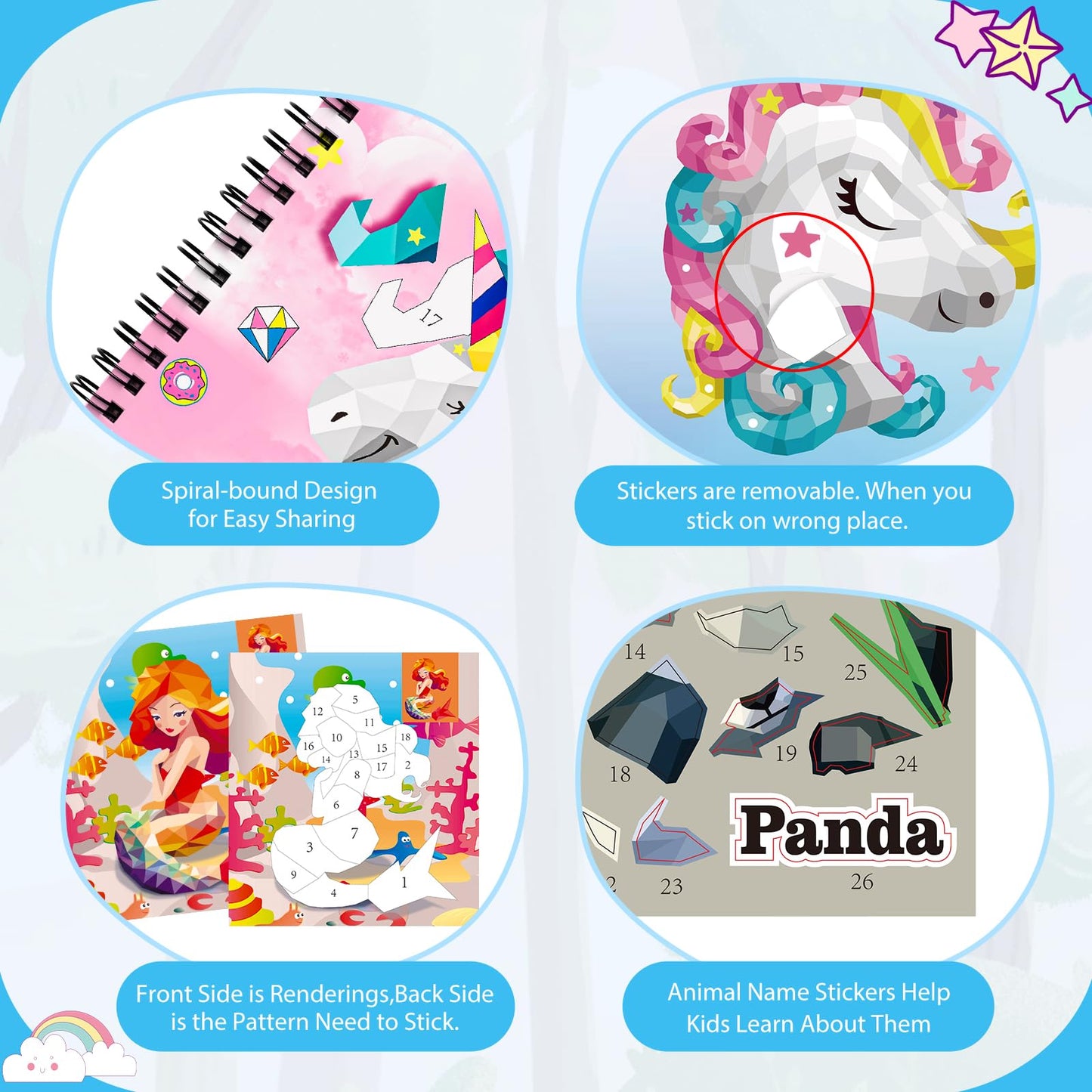 homicozy 4-Pack Sticker Paint Books for Kids 4-10 | Unicorn, Mermaid & Ocean Designs